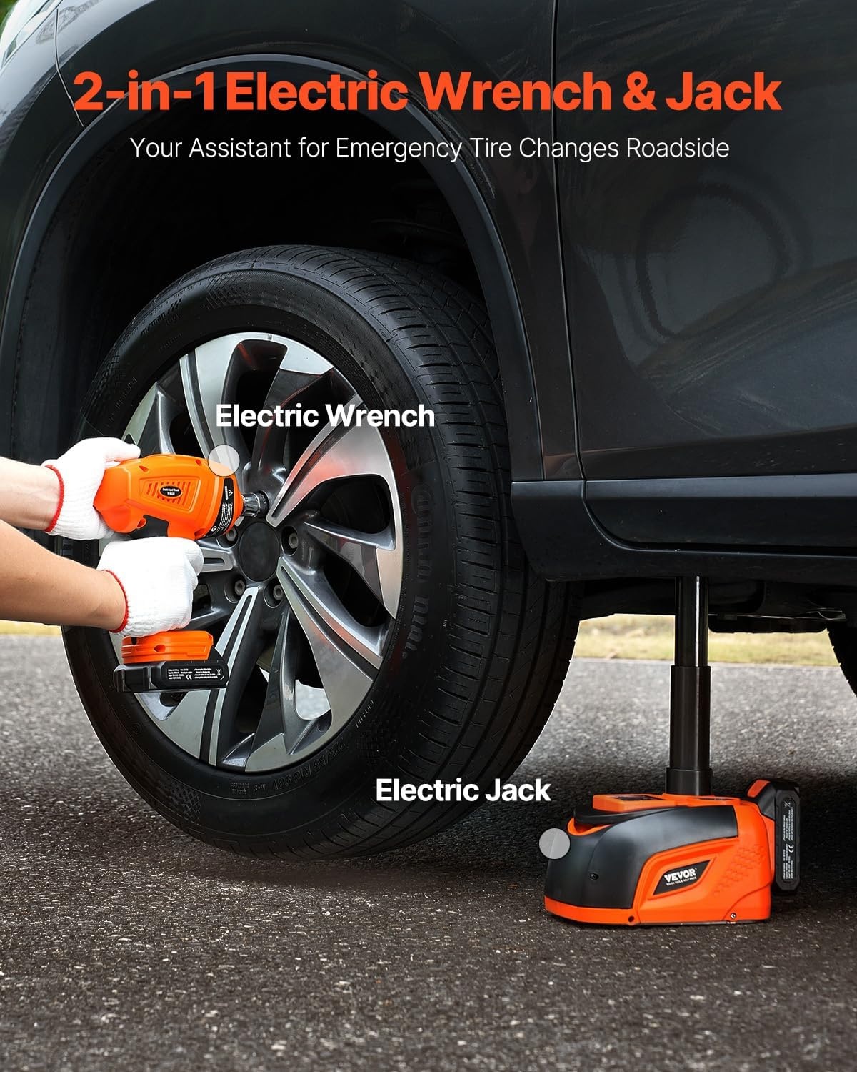 image:imageVEVOR Electric Car Jack Cordless Remote Control 5 Tons 11000 lbs Electric Hydraulic Jack Kit 18V Battery with Electric Impact Wrench Tire Change Replacement with LED Light Portable Car Jack5T Cordless Remote Update Battery2