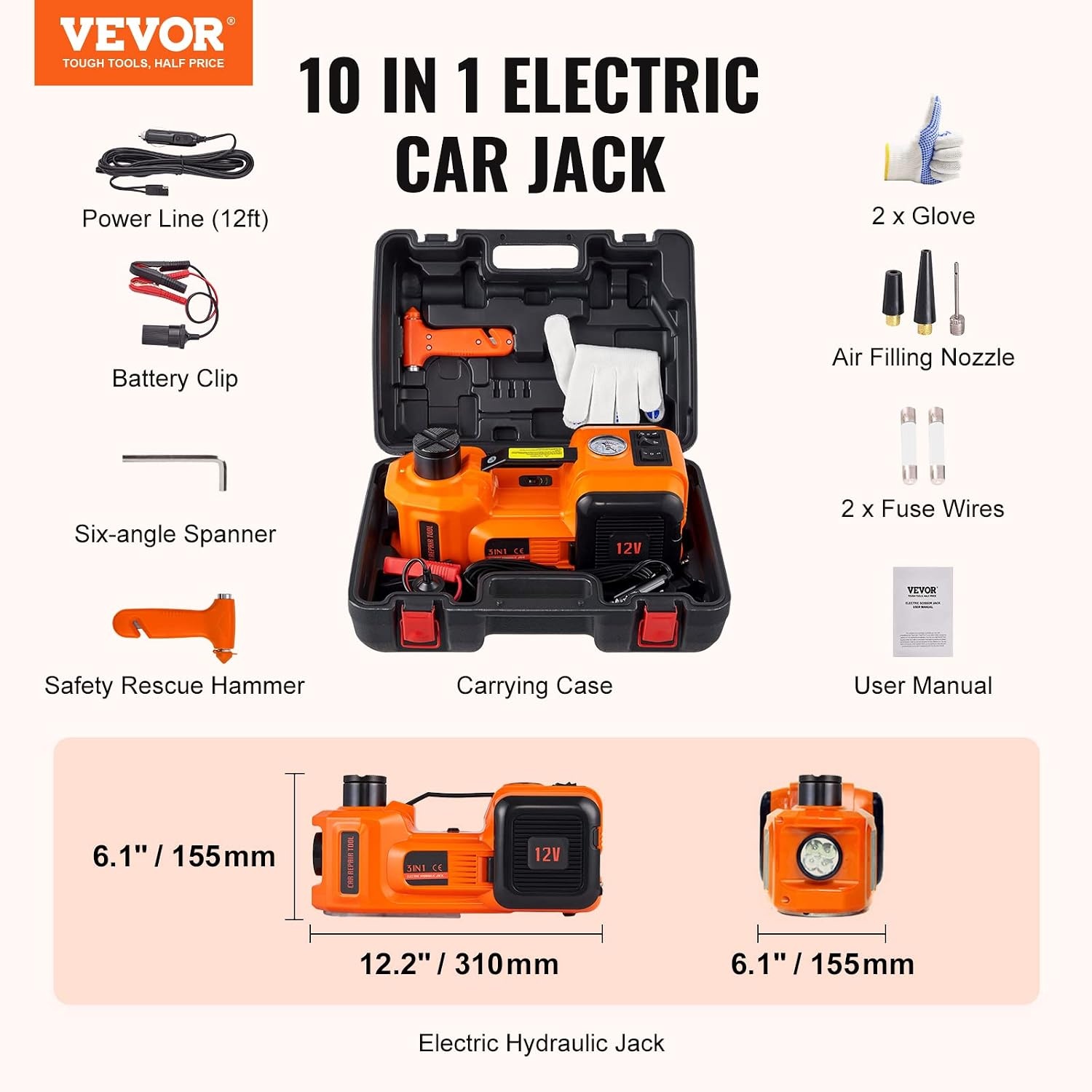 image:imageVEVOR Electric Car Jack Cordless Remote Control 5 Tons 11000 lbs Electric Hydraulic Jack Kit 18V Battery with Electric Impact Wrench Tire Change Replacement with LED Light Portable Car Jack5T Essential