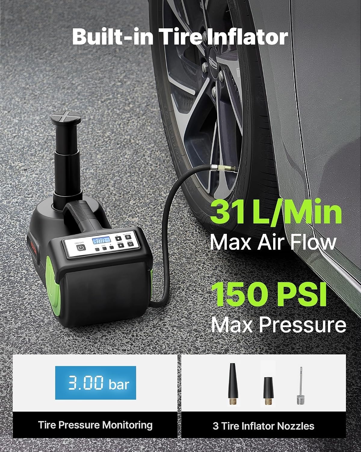 image:imageVEVOR Electric Car Jack Cordless Remote Control 5 Tons 11000 lbs Electric Hydraulic Jack Kit 18V Battery with Electric Impact Wrench Tire Change Replacement with LED Light Portable Car Jack5T with Wrench Digital Display