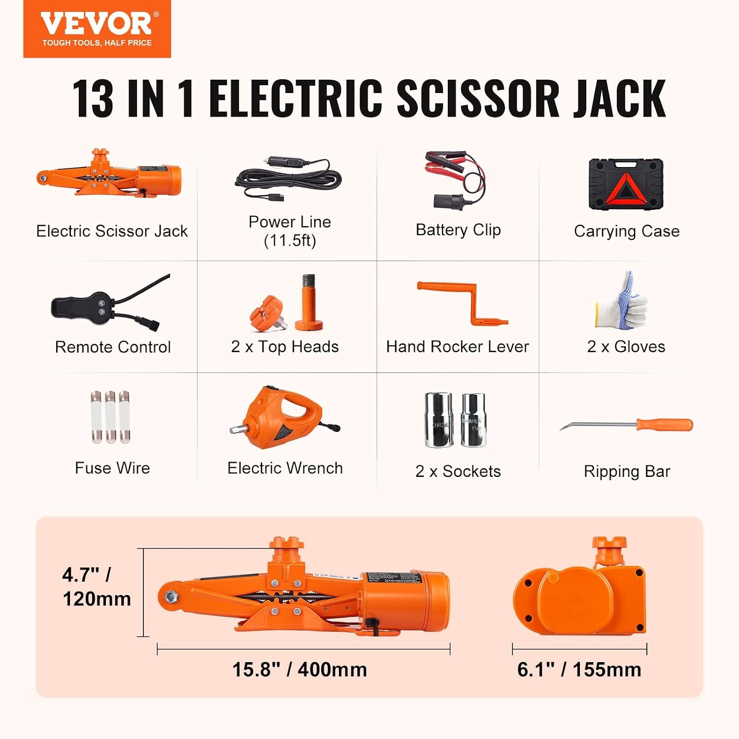 image:imageVEVOR Electric Car Jack Cordless Remote Control 5 Tons 11000 lbs Electric Hydraulic Jack Kit 18V Battery with Electric Impact Wrench Tire Change Replacement with LED Light Portable Car Jack3T with Wrench