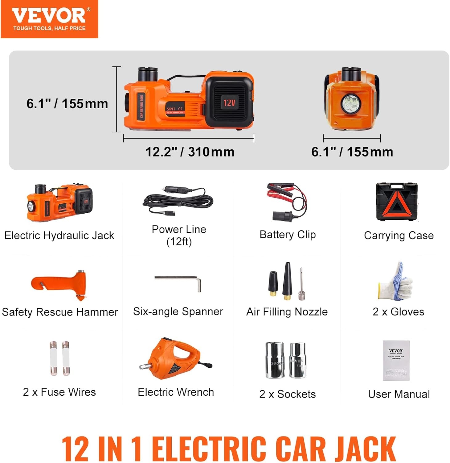 image:imageVEVOR Electric Car Jack Cordless Remote Control 5 Tons 11000 lbs Electric Hydraulic Jack Kit 18V Battery with Electric Impact Wrench Tire Change Replacement with LED Light Portable Car Jack5T with Wrench
