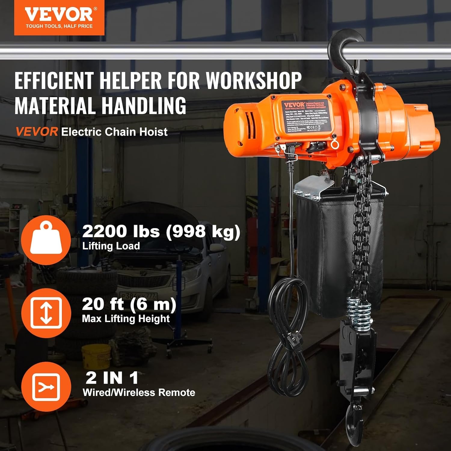 image:imageVEVOR Electric Chain Hoist 2200 lbs Load Capacity 10 ft Lifting Height 120V Single Phase Overhead Crane with Chain 10 ft Wired Remote Control for Garage Shop Hotel and Home2200 lbs 20 ft 2Chain