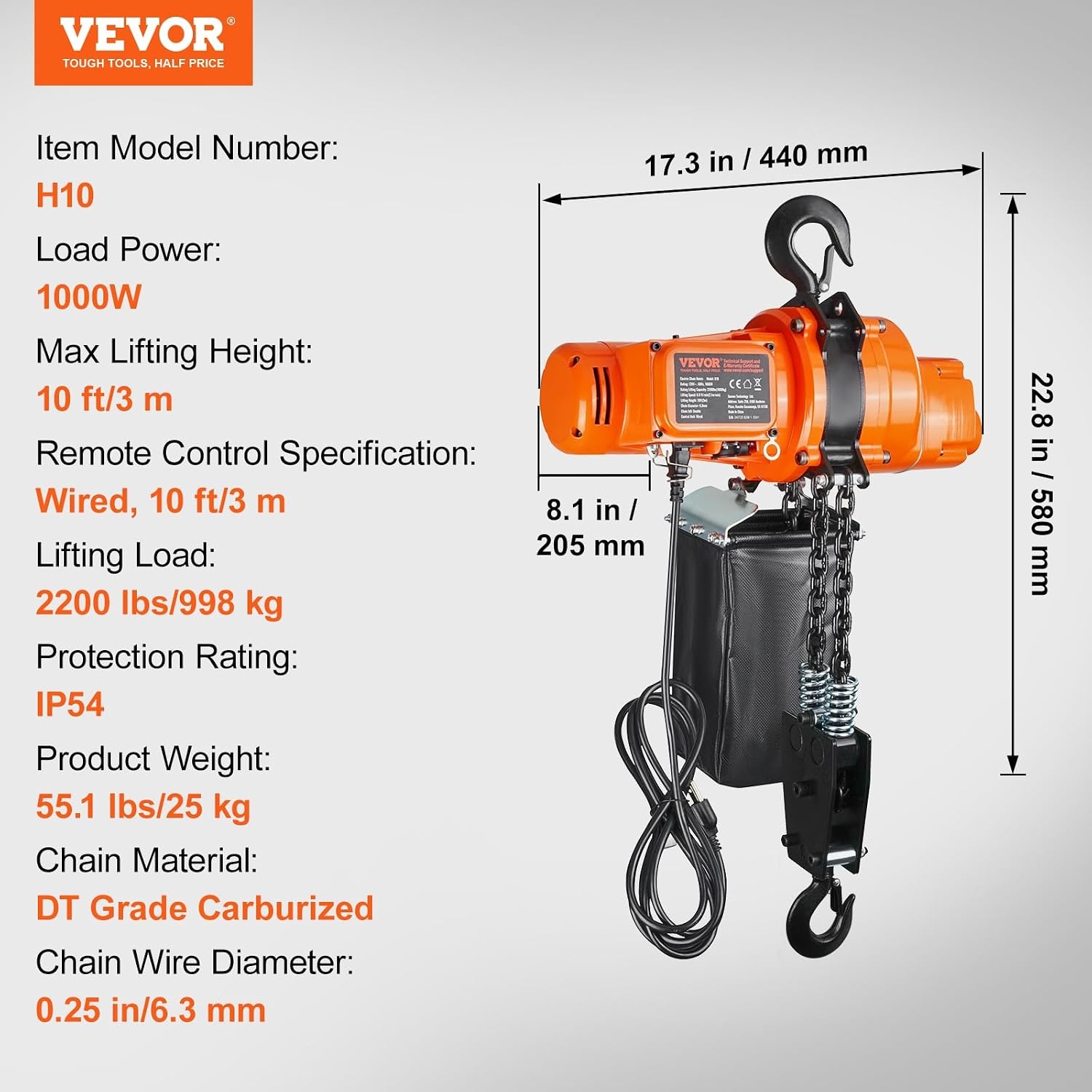 image:imageVEVOR Electric Chain Hoist 2200 lbs Load Capacity 10 ft Lifting Height 120V Single Phase Overhead Crane with Chain 10 ft Wired Remote Control for Garage Shop Hotel and Home2200 lbs 10 ft 2Chain