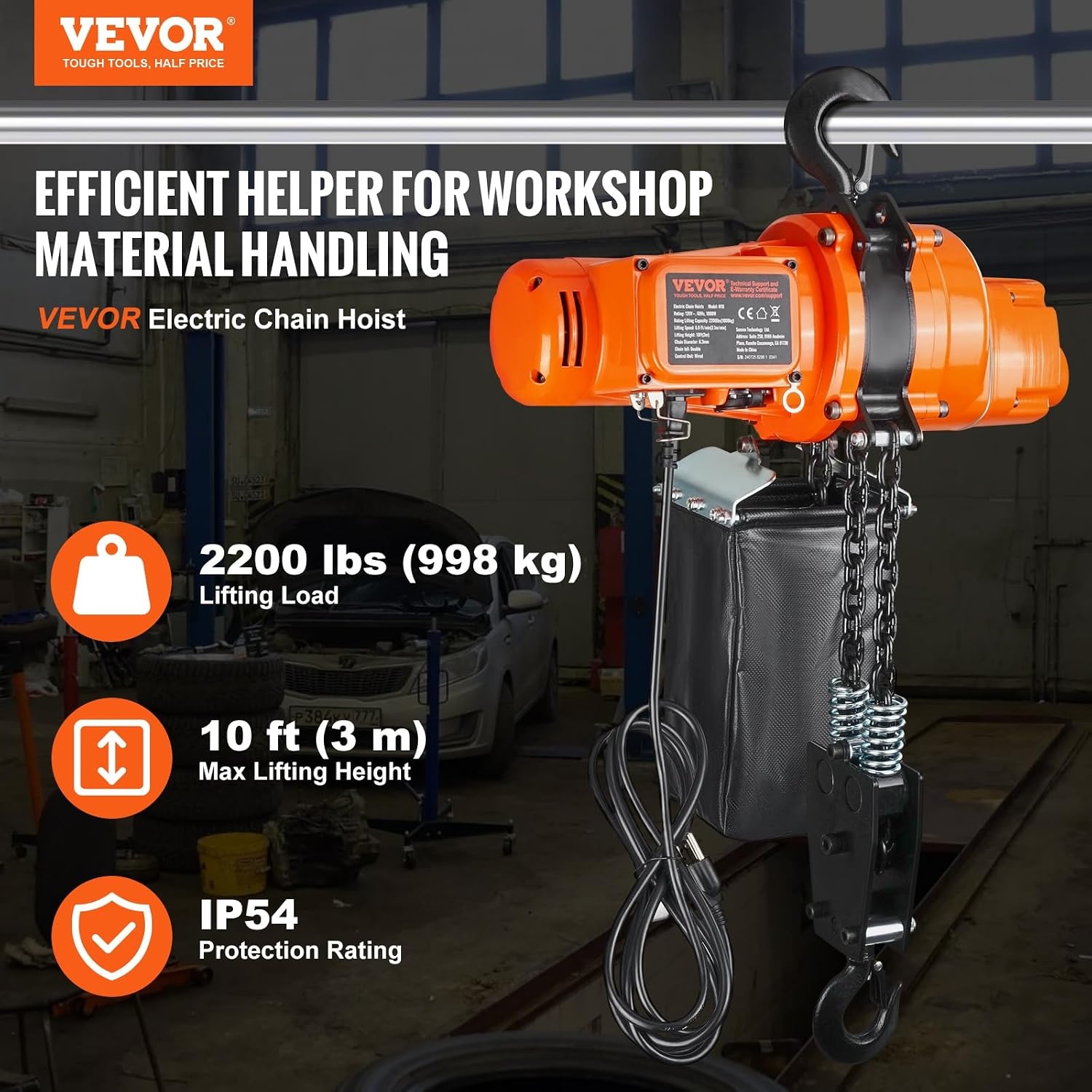 image:imageVEVOR Electric Chain Hoist 2200 lbs Load Capacity 10 ft Lifting Height 120V Single Phase Overhead Crane with Chain 10 ft Wired Remote Control for Garage Shop Hotel and Home2200 lbs 10 ft 2Chain