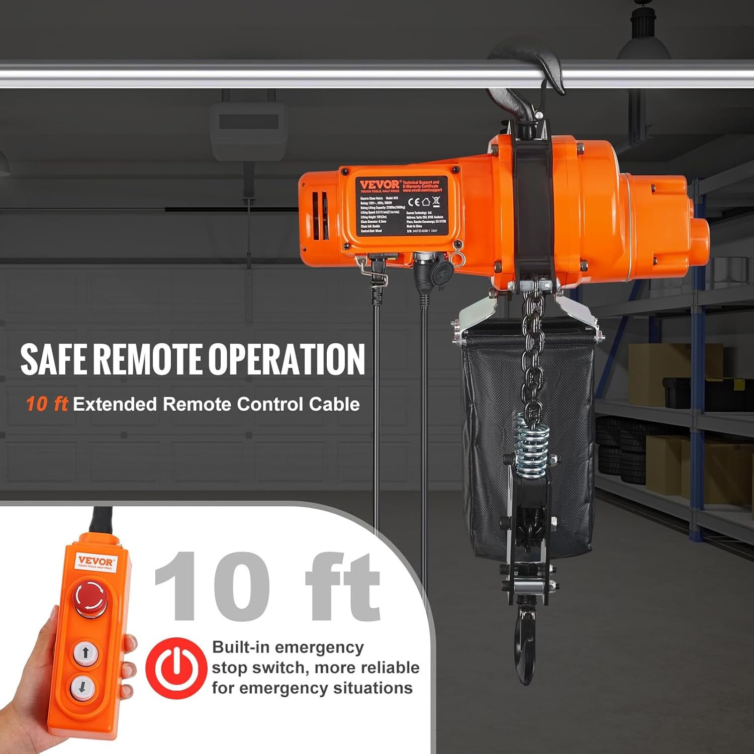 image:imageVEVOR Electric Chain Hoist 2200 lbs Load Capacity 10 ft Lifting Height 120V Single Phase Overhead Crane with Chain 10 ft Wired Remote Control for Garage Shop Hotel and Home2200 lbs 10 ft 2Chain