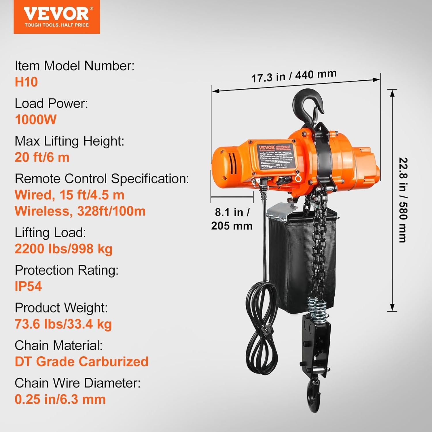 image:imageVEVOR Electric Chain Hoist 2200 lbs Load Capacity 10 ft Lifting Height 120V Single Phase Overhead Crane with Chain 10 ft Wired Remote Control for Garage Shop Hotel and Home2200 lbs 20 ft 2Chain