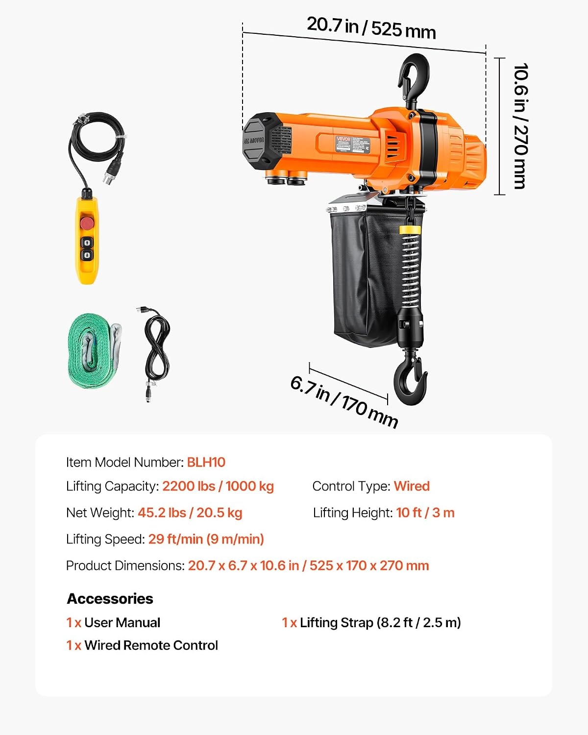 image:imageVEVOR Electric Chain Hoist 2200 lbs Load Capacity 10 ft Lifting Height 120V Single Phase Overhead Crane with Chain 10 ft Wired Remote Control for Garage Shop Hotel and Home2200 lbs 10 ft 1Chain