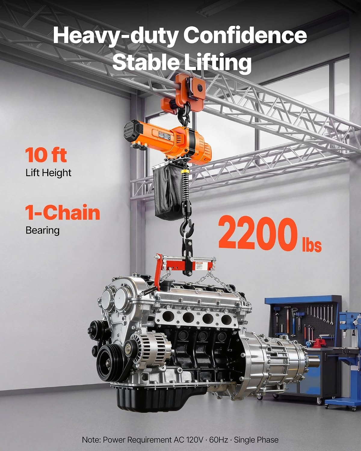 image:imageVEVOR Electric Chain Hoist 2200 lbs Load Capacity 10 ft Lifting Height 120V Single Phase Overhead Crane with Chain 10 ft Wired Remote Control for Garage Shop Hotel and Home2200 lbs 10 ft 1Chain