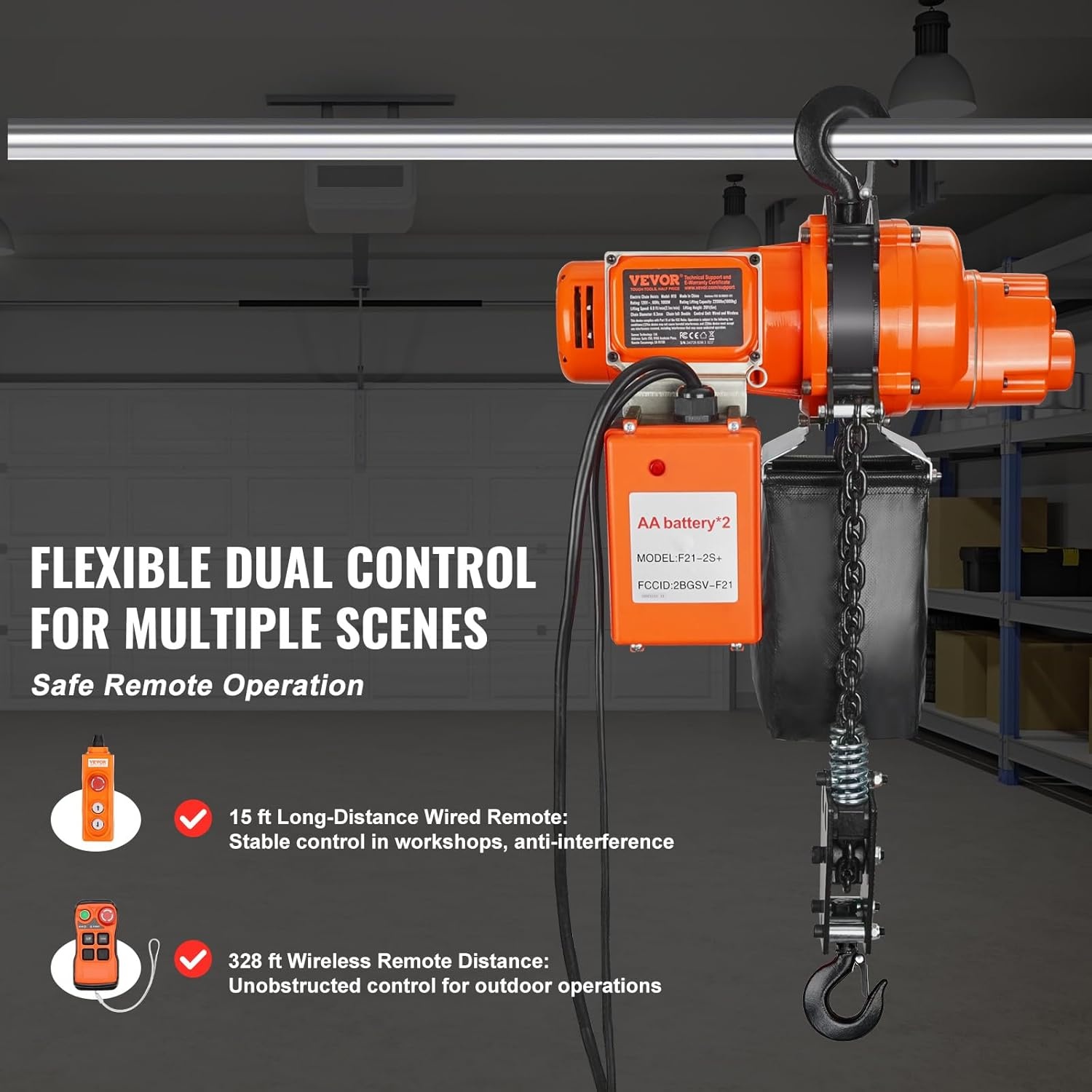image:imageVEVOR Electric Chain Hoist 2200 lbs Load Capacity 10 ft Lifting Height 120V Single Phase Overhead Crane with Chain 10 ft Wired Remote Control for Garage Shop Hotel and Home2200 lbs 20 ft 2Chain