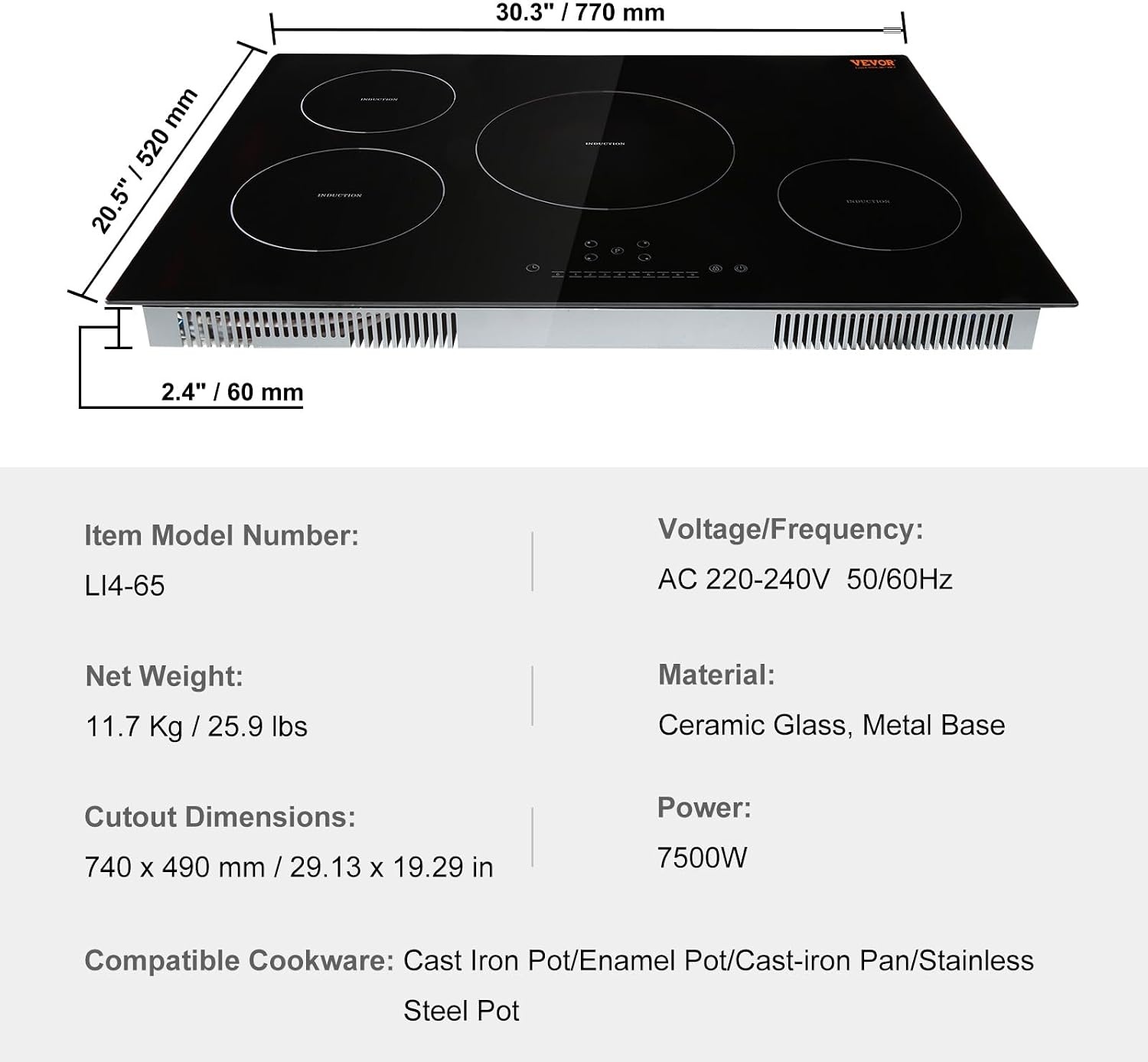 image:imageVEVOR Electric Cooktop 2 Burners 24 Induction Stove Top Builtin Magnetic Cooktop 1800W 9 Heating Level Multifunctional Burner LED Touch Screen wChild Lock amp OverTemperature Protection30in 4 Burners220V