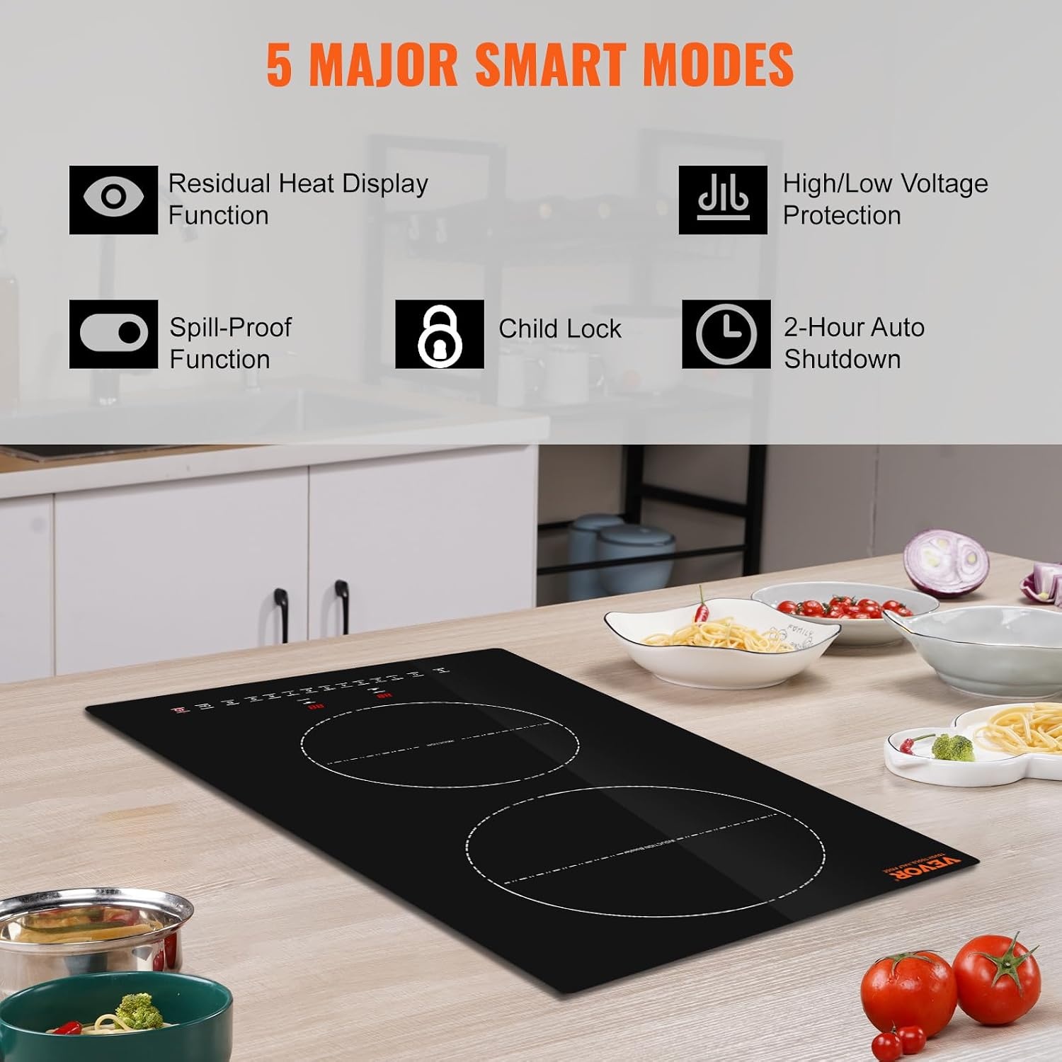 image:imageVEVOR Electric Cooktop 2 Burners 24 Induction Stove Top Builtin Magnetic Cooktop 1800W 9 Heating Level Multifunctional Burner LED Touch Screen wChild Lock amp OverTemperature Protection12in 2 Burners220V
