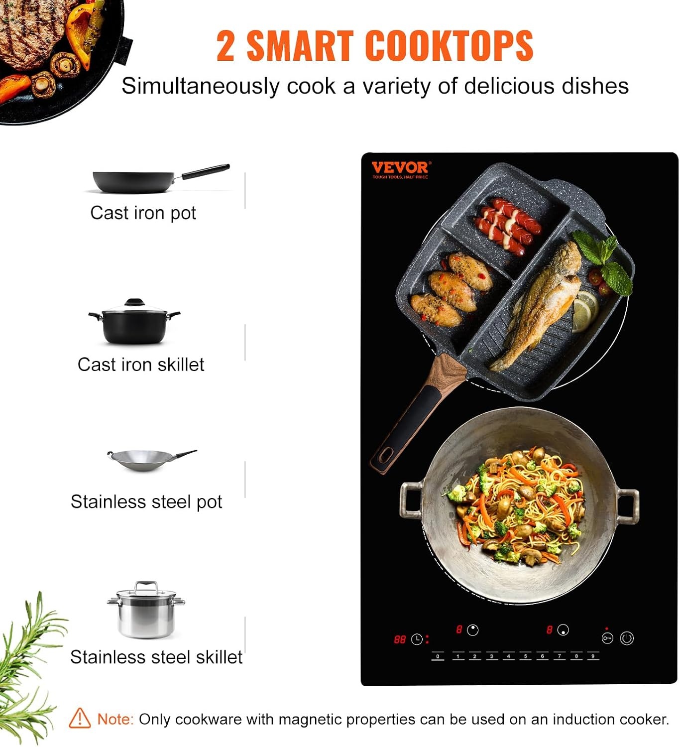 image:imageVEVOR Electric Cooktop 2 Burners 24 Induction Stove Top Builtin Magnetic Cooktop 1800W 9 Heating Level Multifunctional Burner LED Touch Screen wChild Lock amp OverTemperature Protection12inch 2 Burners110V