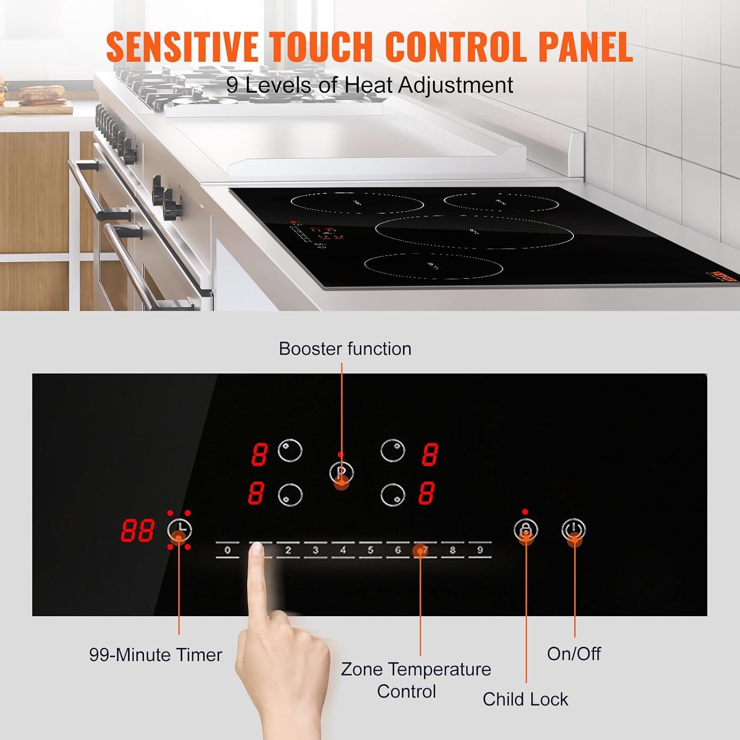 image:imageVEVOR Electric Cooktop 2 Burners 24 Induction Stove Top Builtin Magnetic Cooktop 1800W 9 Heating Level Multifunctional Burner LED Touch Screen wChild Lock amp OverTemperature Protection30in 4 Burners220V