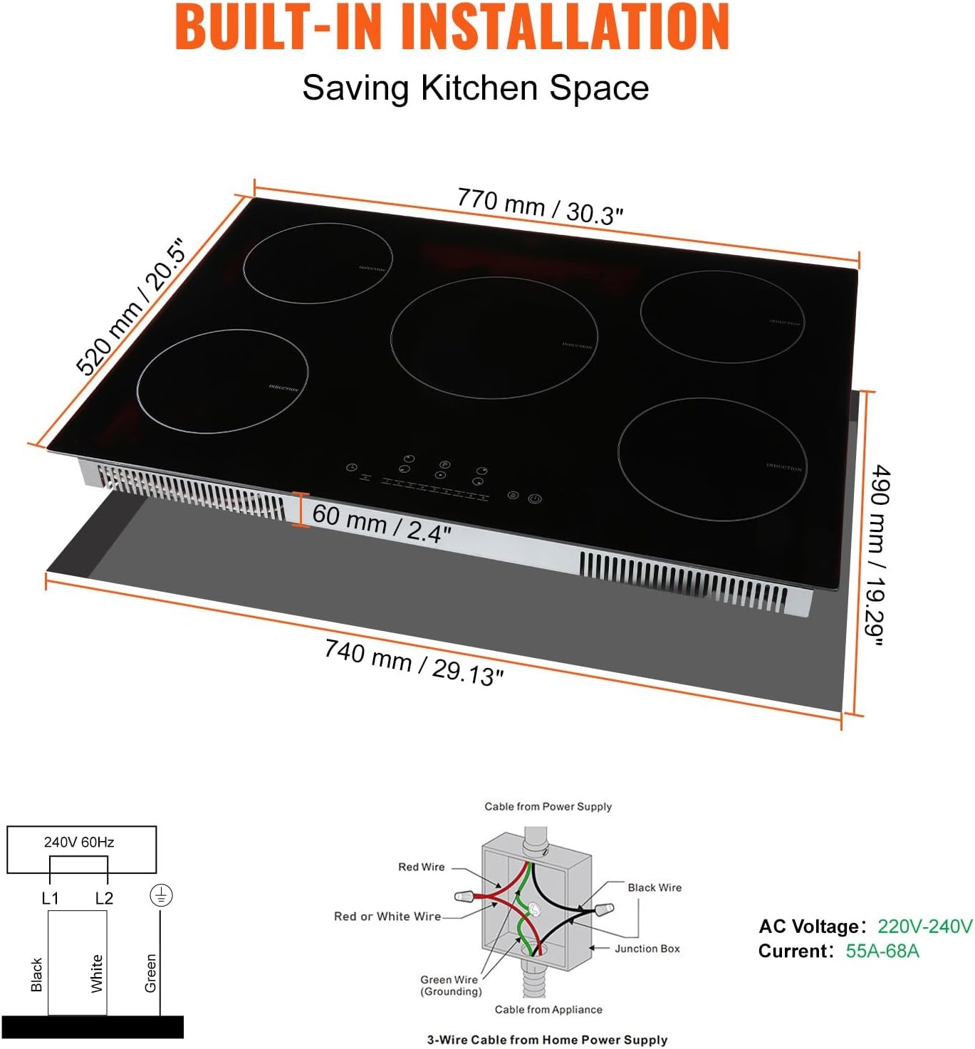 image:imageVEVOR Electric Cooktop 2 Burners 24 Induction Stove Top Builtin Magnetic Cooktop 1800W 9 Heating Level Multifunctional Burner LED Touch Screen wChild Lock amp OverTemperature Protection30in 5 Burners220V