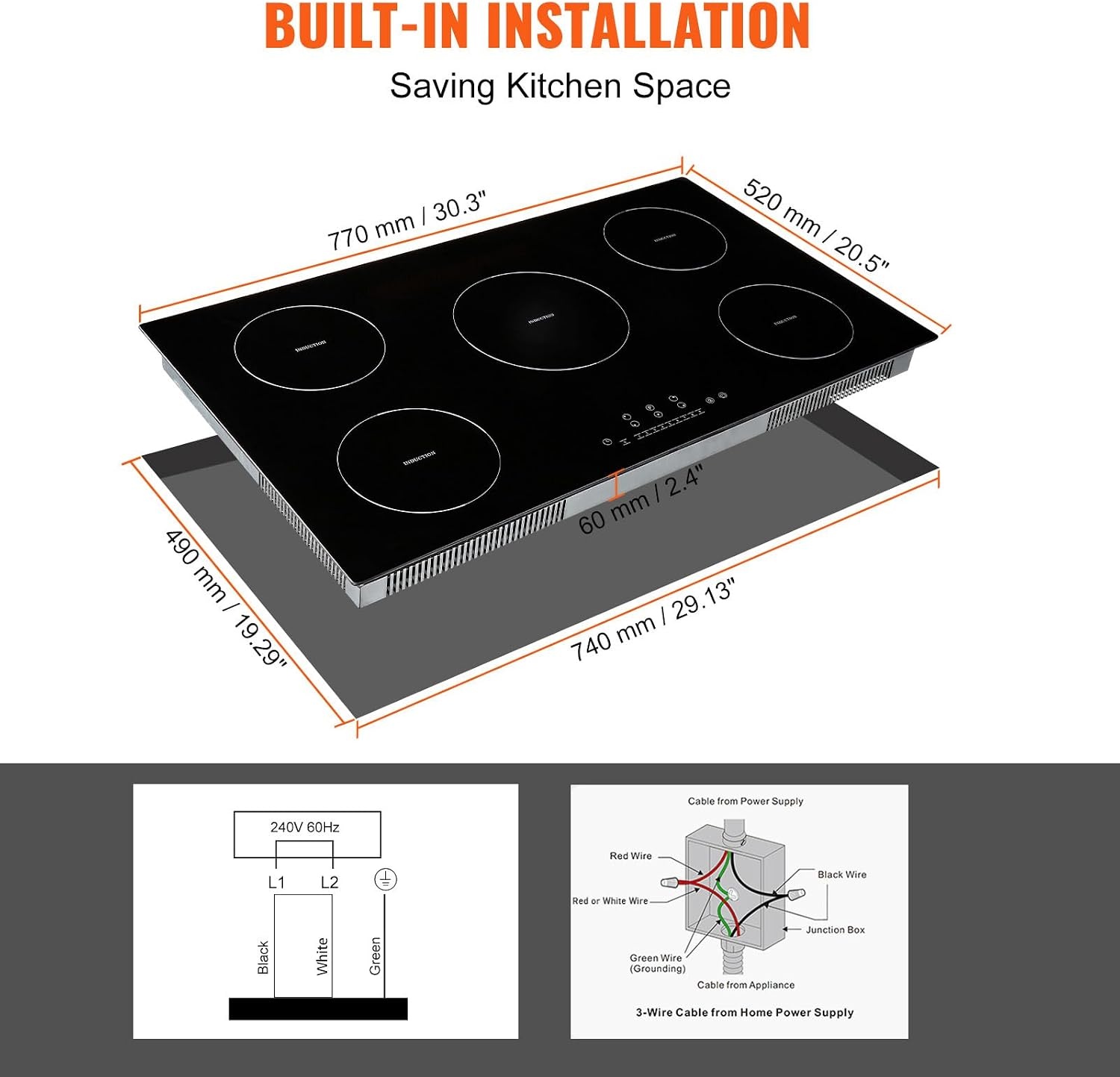 image:imageVEVOR Electric Cooktop 2 Burners 24 Induction Stove Top Builtin Magnetic Cooktop 1800W 9 Heating Level Multifunctional Burner LED Touch Screen wChild Lock amp OverTemperature Protection36in 5 Burners220V