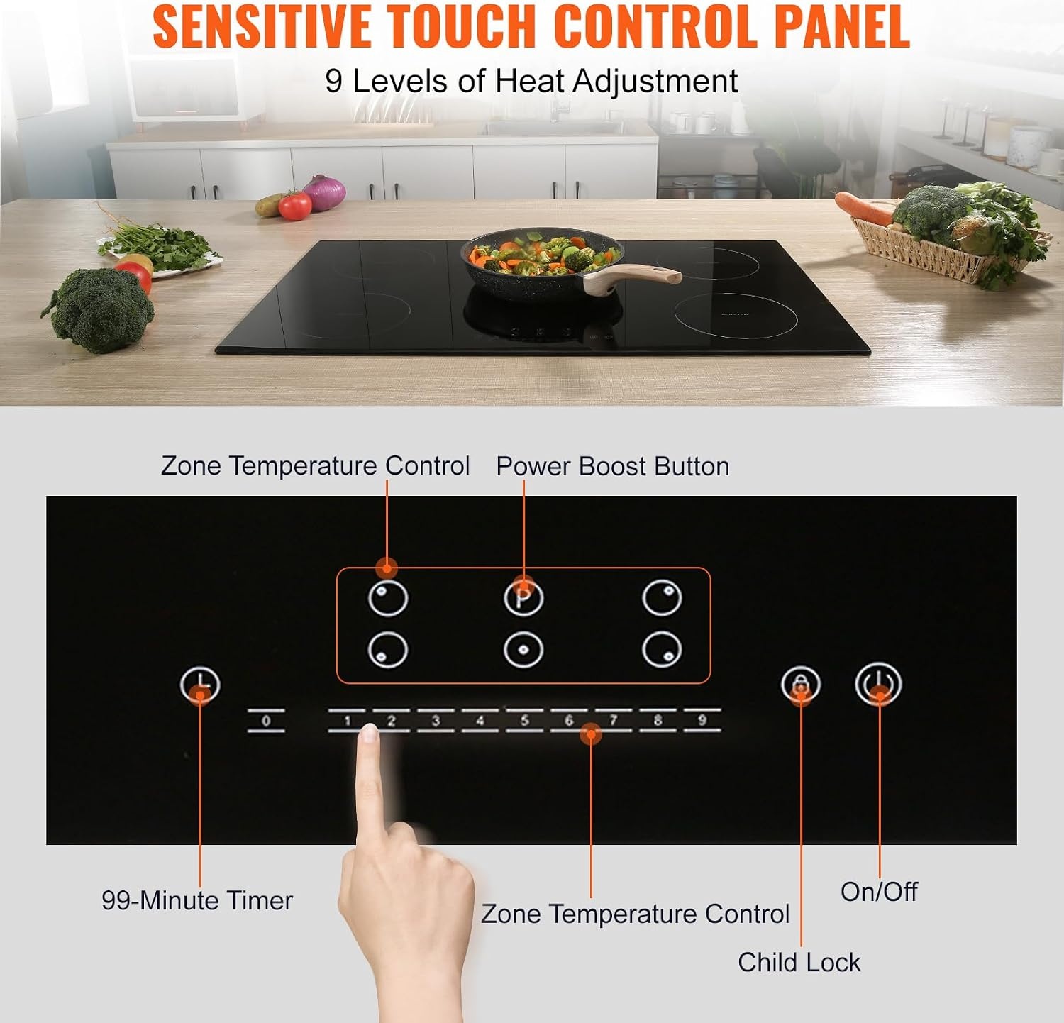 image:imageVEVOR Electric Cooktop 2 Burners 24 Induction Stove Top Builtin Magnetic Cooktop 1800W 9 Heating Level Multifunctional Burner LED Touch Screen wChild Lock amp OverTemperature Protection30in 5 Burners220V