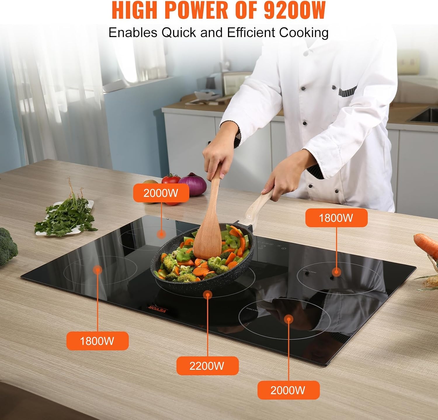 image:imageVEVOR Electric Cooktop 2 Burners 24 Induction Stove Top Builtin Magnetic Cooktop 1800W 9 Heating Level Multifunctional Burner LED Touch Screen wChild Lock amp OverTemperature Protection30in 5 Burners220V