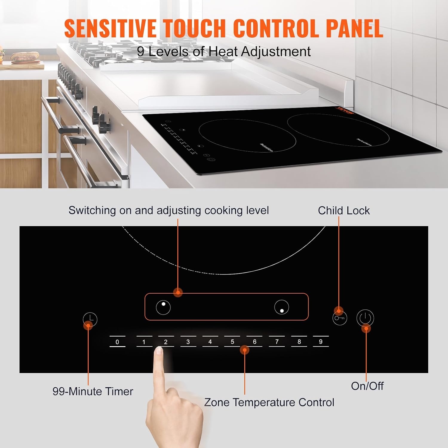 image:imageVEVOR Electric Cooktop 2 Burners 24 Induction Stove Top Builtin Magnetic Cooktop 1800W 9 Heating Level Multifunctional Burner LED Touch Screen wChild Lock amp OverTemperature Protection12inch 2 Burners110V