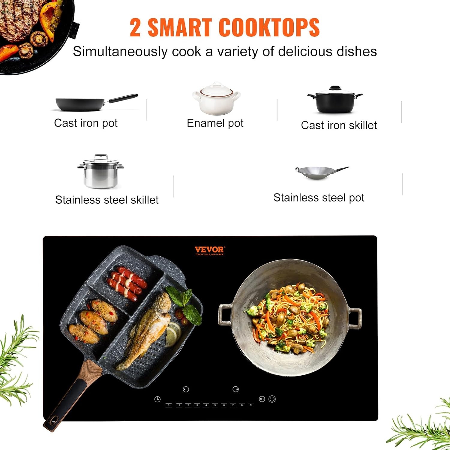 image:imageVEVOR Electric Cooktop 2 Burners 24 Induction Stove Top Builtin Magnetic Cooktop 1800W 9 Heating Level Multifunctional Burner LED Touch Screen wChild Lock amp OverTemperature Protection24in 2 Burners110V