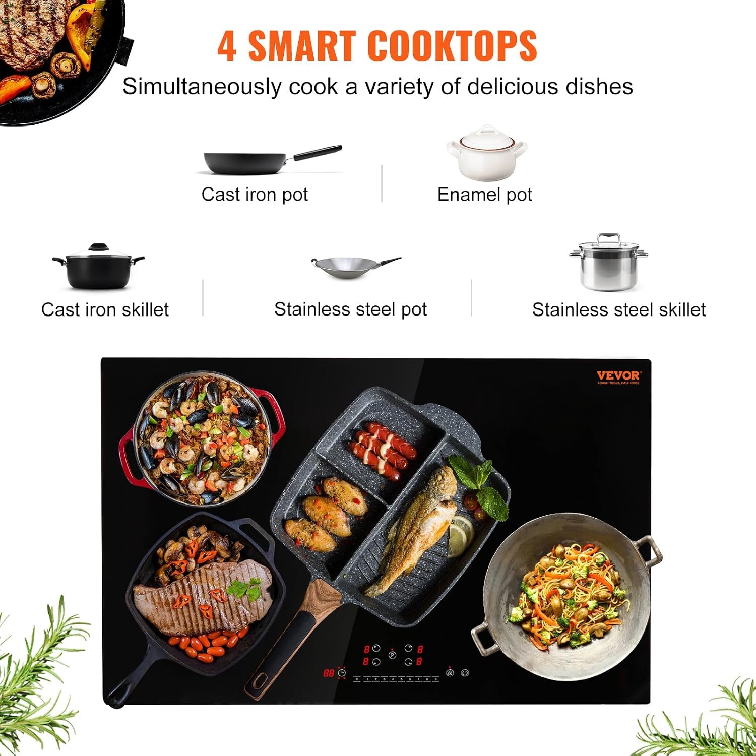 image:imageVEVOR Electric Cooktop 2 Burners 24 Induction Stove Top Builtin Magnetic Cooktop 1800W 9 Heating Level Multifunctional Burner LED Touch Screen wChild Lock amp OverTemperature Protection30in 4 Burners220V