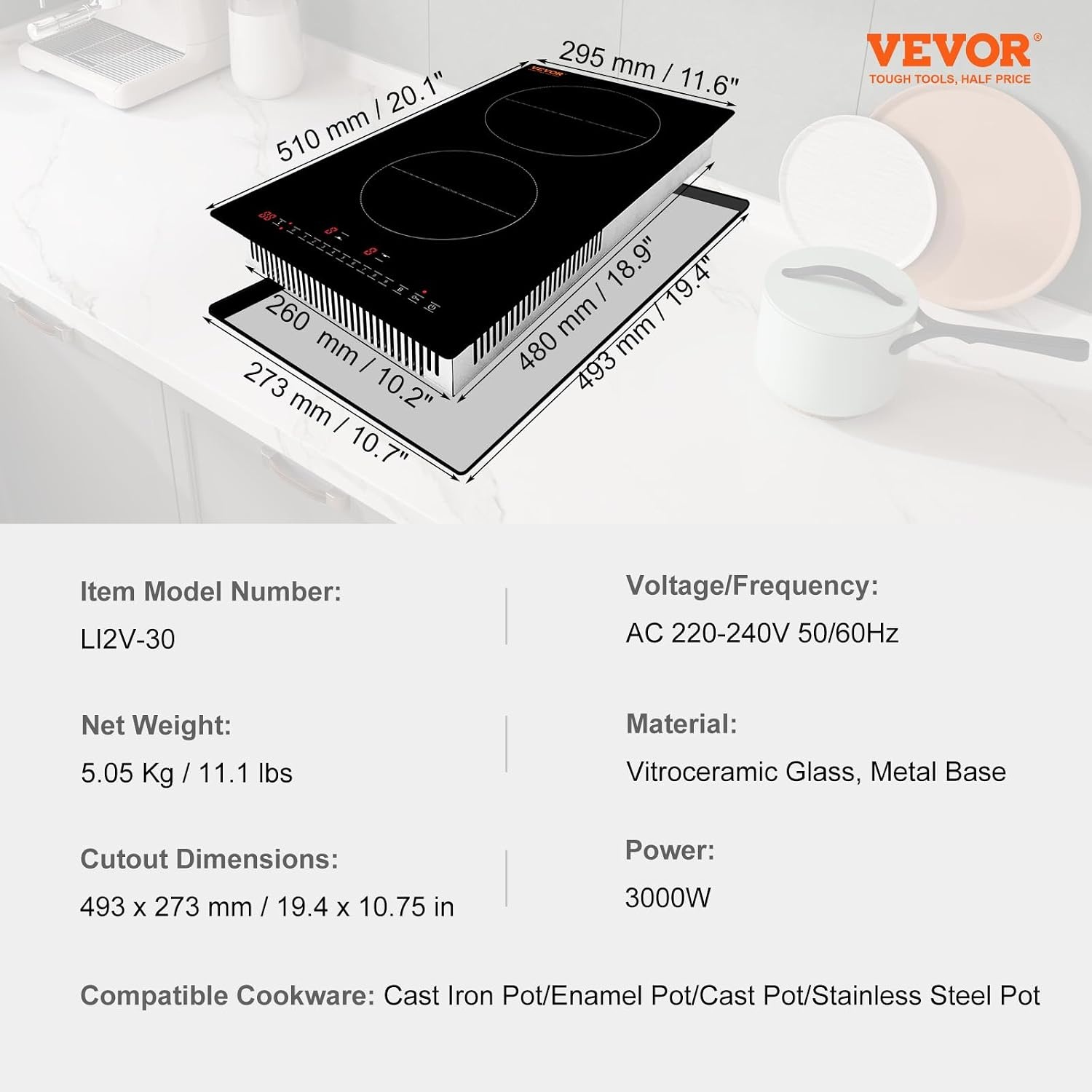 image:imageVEVOR Electric Cooktop 2 Burners 24 Induction Stove Top Builtin Magnetic Cooktop 1800W 9 Heating Level Multifunctional Burner LED Touch Screen wChild Lock amp OverTemperature Protection12in 2 Burners220V