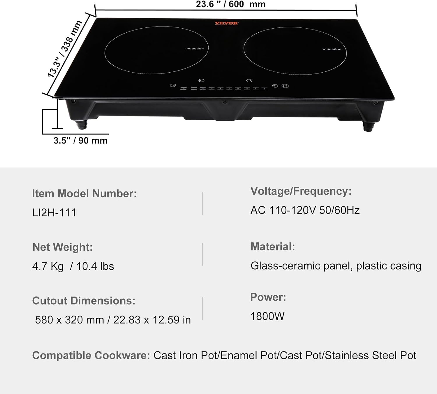 image:imageVEVOR Electric Cooktop 2 Burners 24 Induction Stove Top Builtin Magnetic Cooktop 1800W 9 Heating Level Multifunctional Burner LED Touch Screen wChild Lock amp OverTemperature Protection24in 2 Burners110V