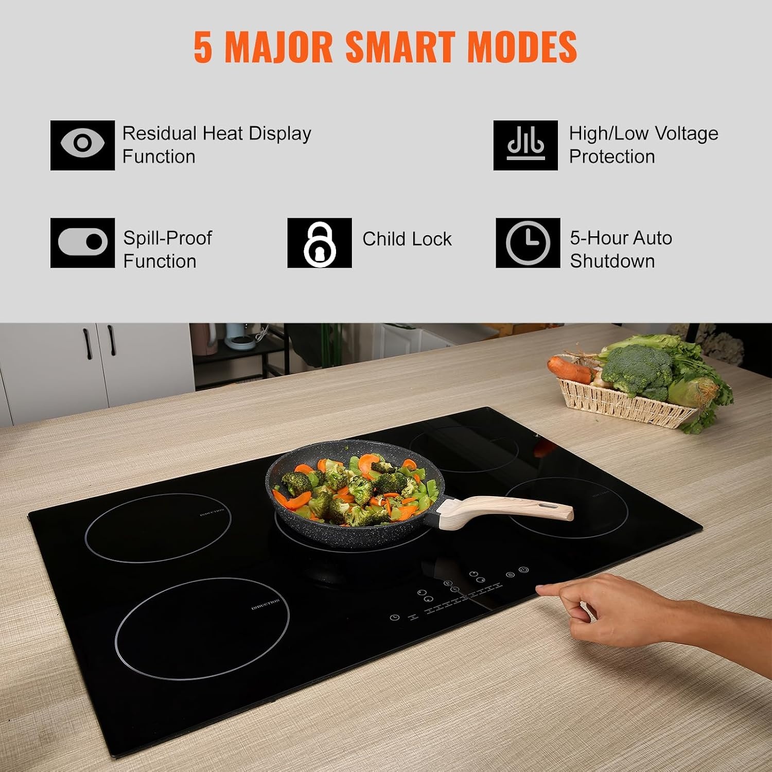 image:imageVEVOR Electric Cooktop 2 Burners 24 Induction Stove Top Builtin Magnetic Cooktop 1800W 9 Heating Level Multifunctional Burner LED Touch Screen wChild Lock amp OverTemperature Protection30in 5 Burners220V