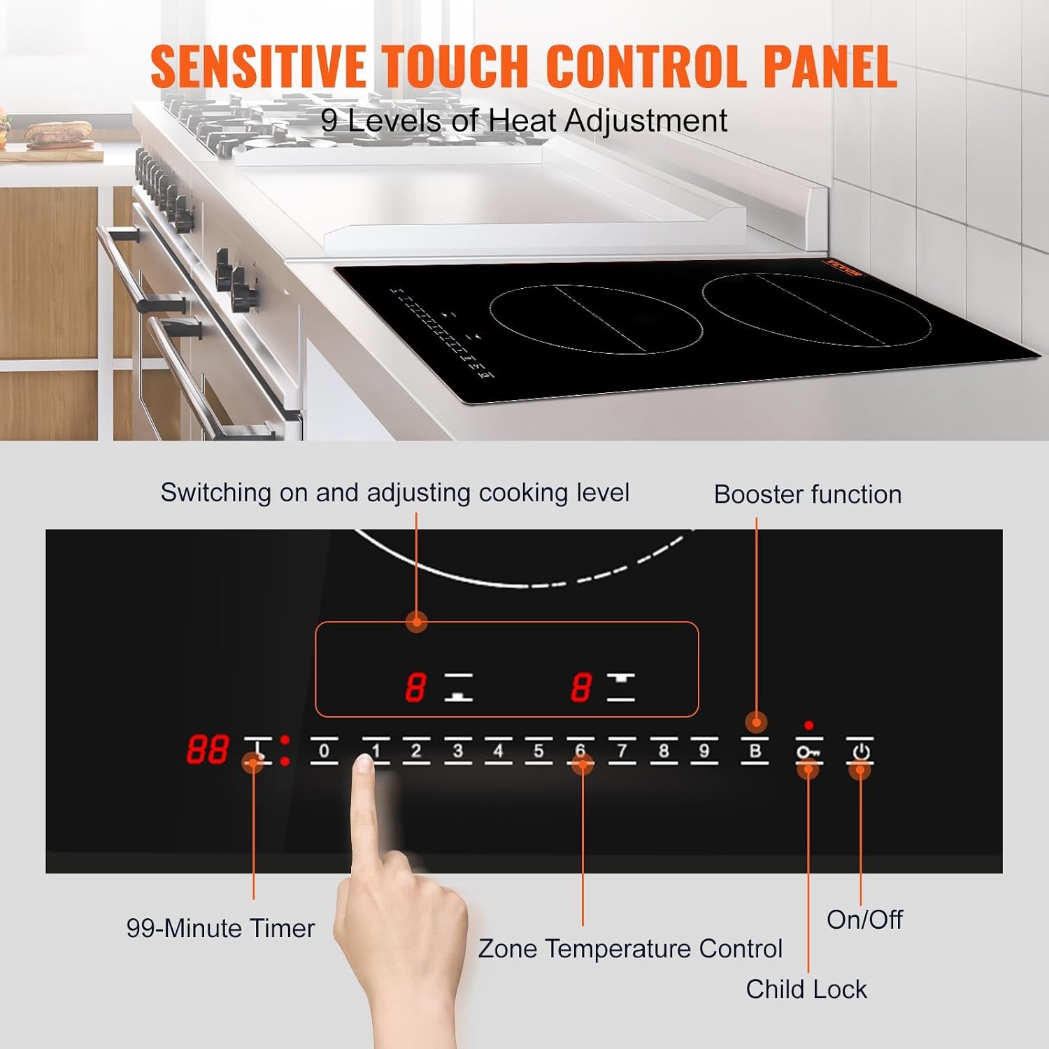 image:imageVEVOR Electric Cooktop 2 Burners 24 Induction Stove Top Builtin Magnetic Cooktop 1800W 9 Heating Level Multifunctional Burner LED Touch Screen wChild Lock amp OverTemperature Protection12in 2 Burners220V
