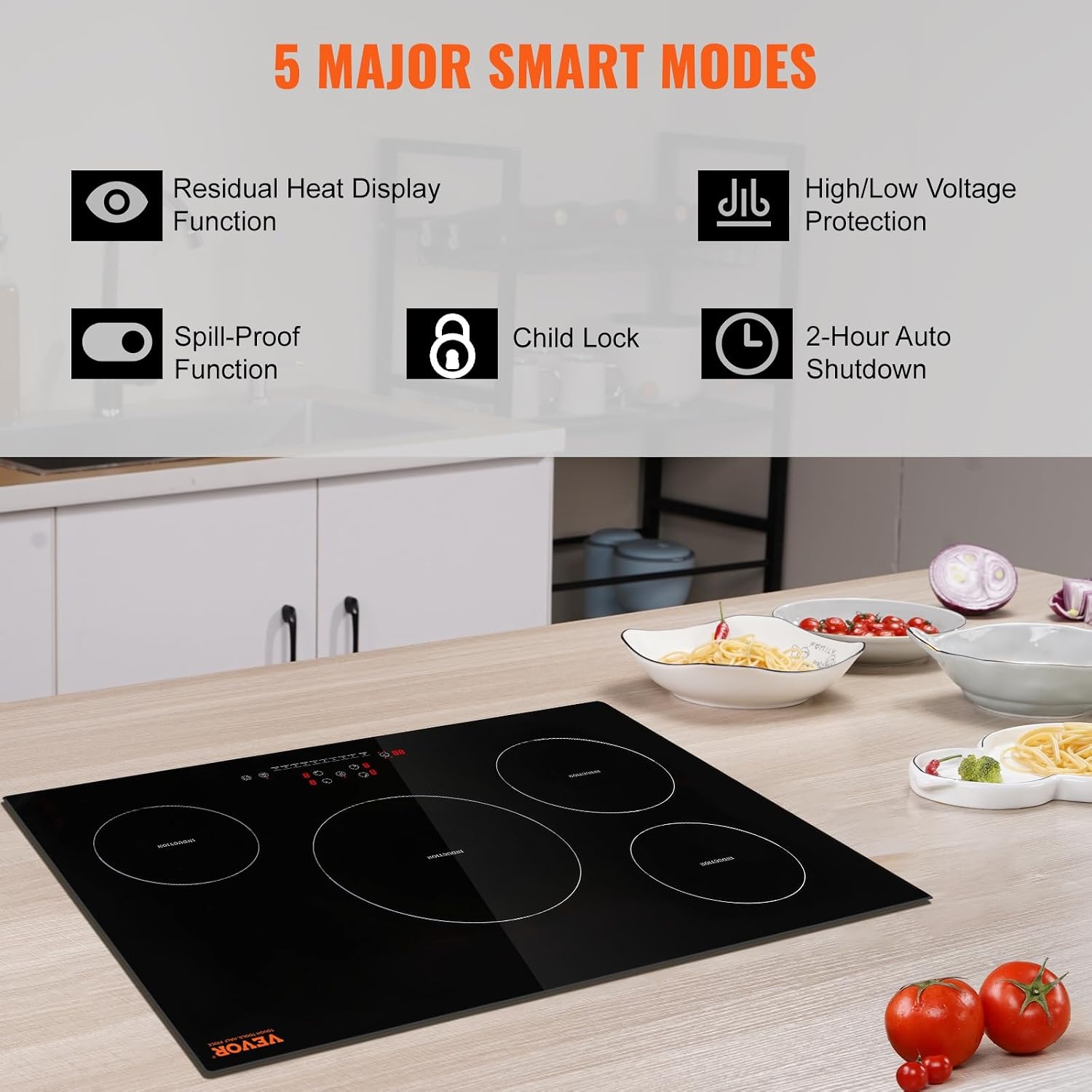 image:imageVEVOR Electric Cooktop 2 Burners 24 Induction Stove Top Builtin Magnetic Cooktop 1800W 9 Heating Level Multifunctional Burner LED Touch Screen wChild Lock amp OverTemperature Protection30in 4 Burners220V