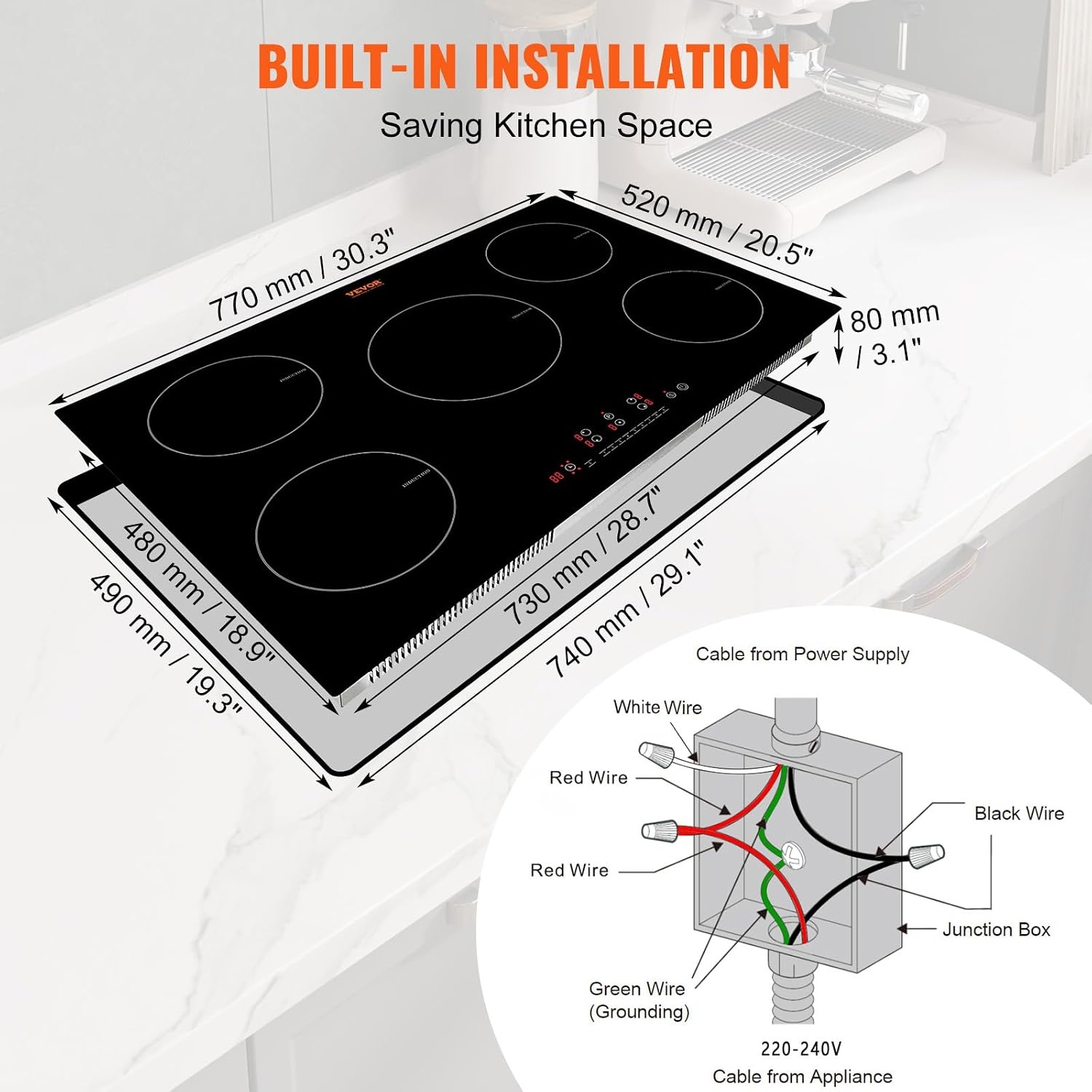 image:imageVEVOR Electric Cooktop 2 Burners 24 Induction Stove Top Builtin Magnetic Cooktop 1800W 9 Heating Level Multifunctional Burner LED Touch Screen wChild Lock amp OverTemperature Protection30in 5 Burners220V