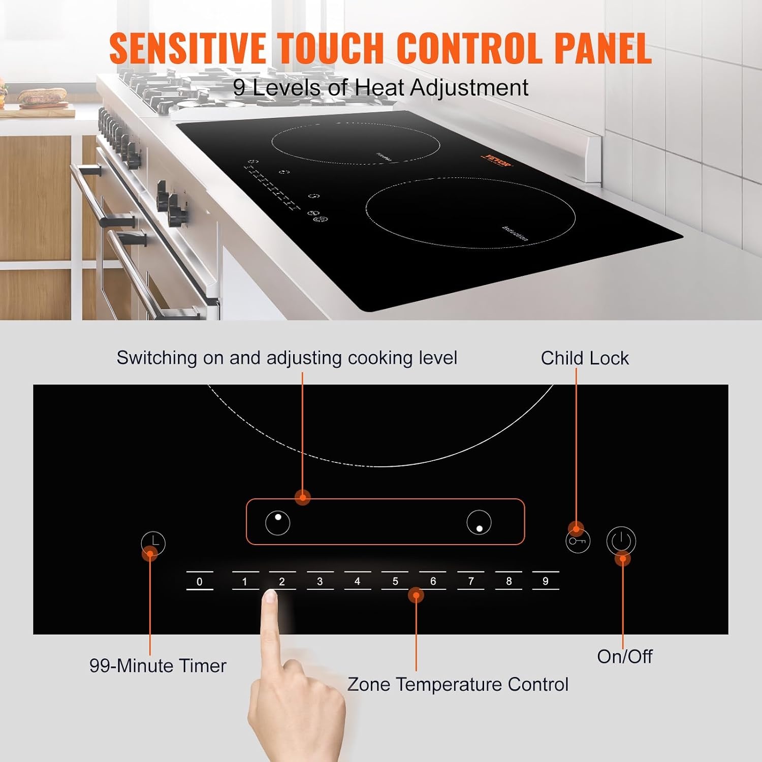 image:imageVEVOR Electric Cooktop 2 Burners 24 Induction Stove Top Builtin Magnetic Cooktop 1800W 9 Heating Level Multifunctional Burner LED Touch Screen wChild Lock amp OverTemperature Protection24in 2 Burners110V
