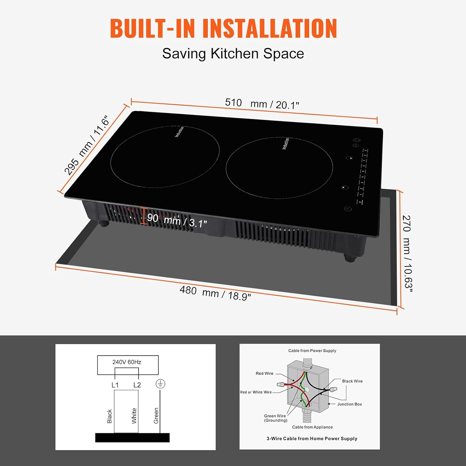 image:imageVEVOR Electric Cooktop 2 Burners 24 Induction Stove Top Builtin Magnetic Cooktop 1800W 9 Heating Level Multifunctional Burner LED Touch Screen wChild Lock amp OverTemperature Protection12inch 2 Burners110V