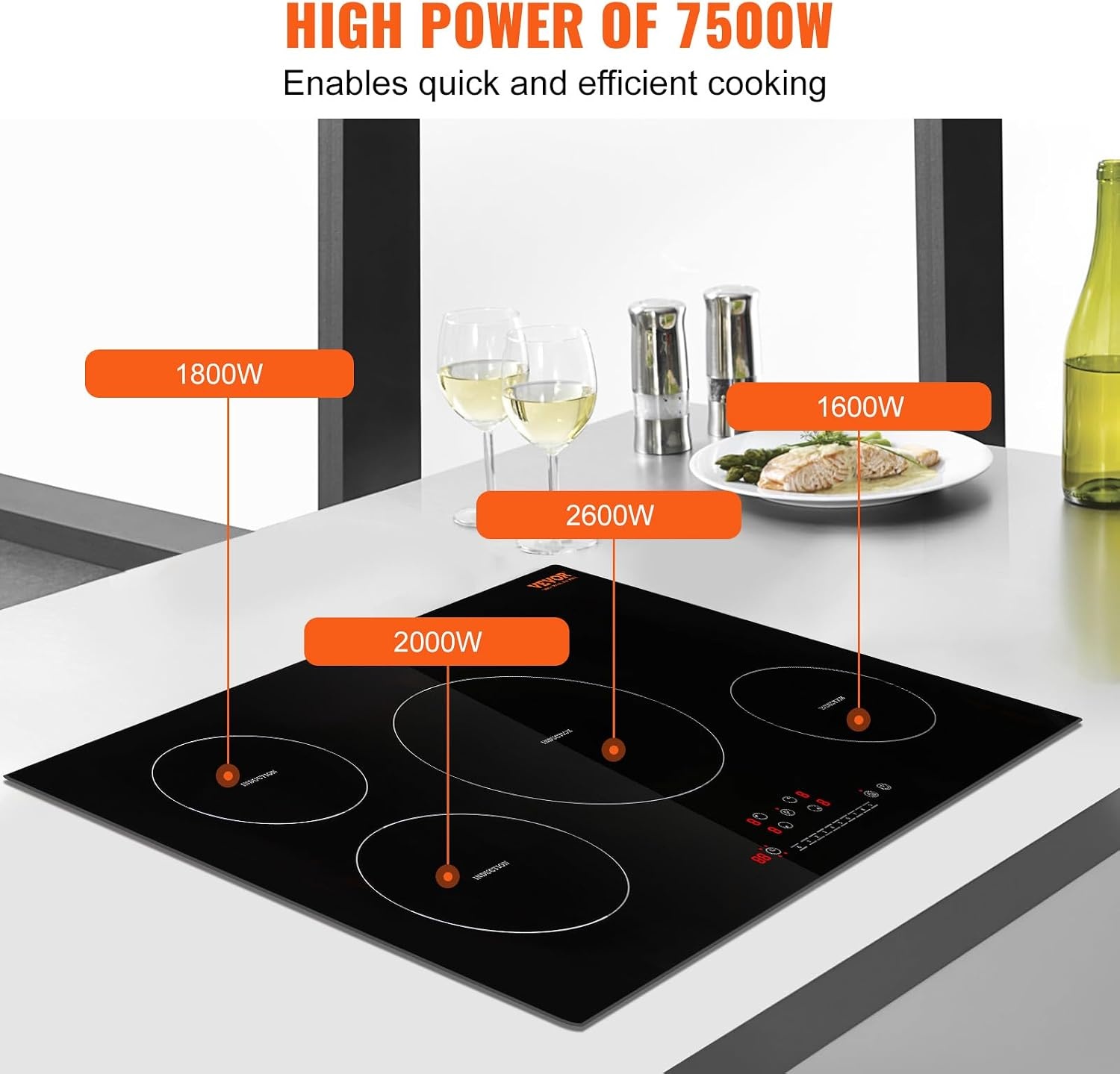 image:imageVEVOR Electric Cooktop 2 Burners 24 Induction Stove Top Builtin Magnetic Cooktop 1800W 9 Heating Level Multifunctional Burner LED Touch Screen wChild Lock amp OverTemperature Protection30in 4 Burners220V