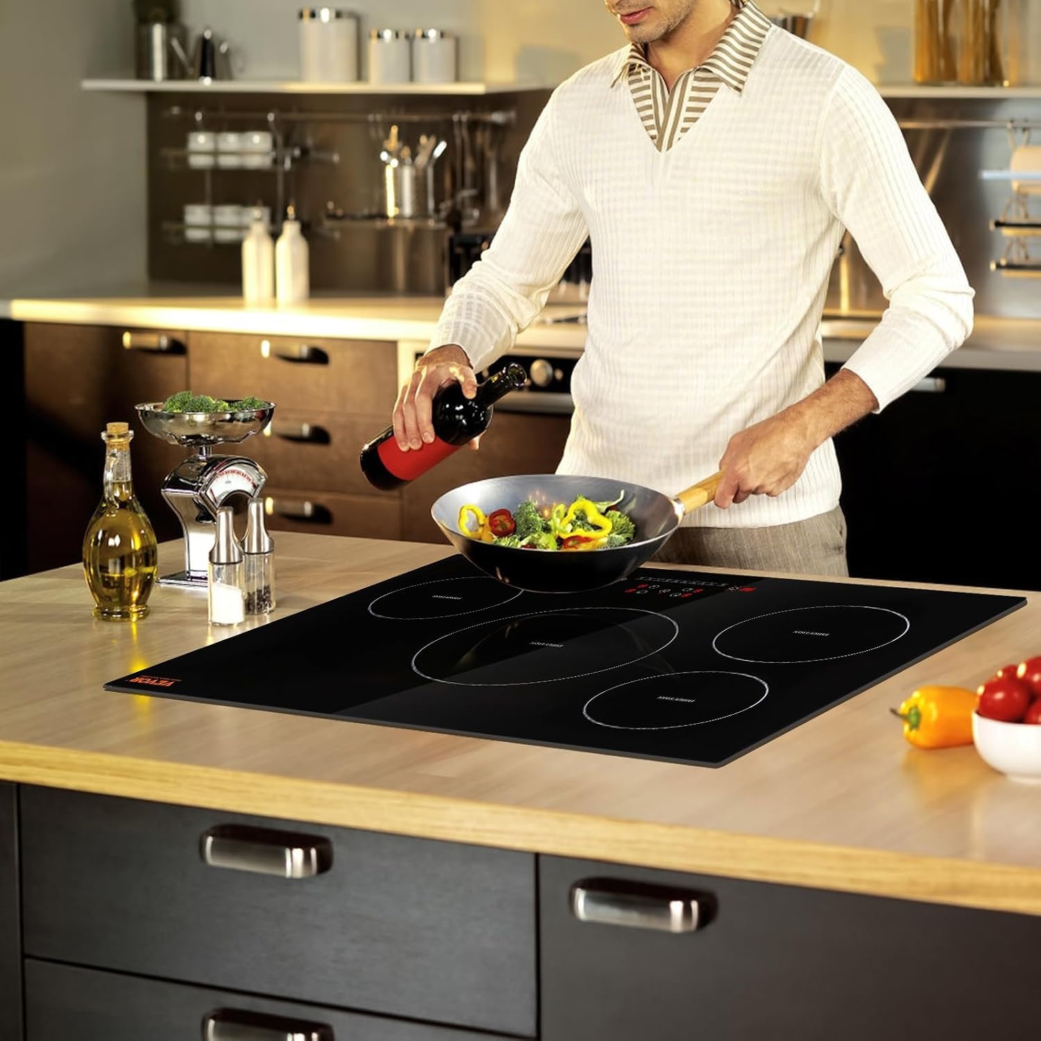 image:imageVEVOR Electric Cooktop 2 Burners 24 Induction Stove Top Builtin Magnetic Cooktop 1800W 9 Heating Level Multifunctional Burner LED Touch Screen wChild Lock amp OverTemperature Protection30in 4 Burners220V