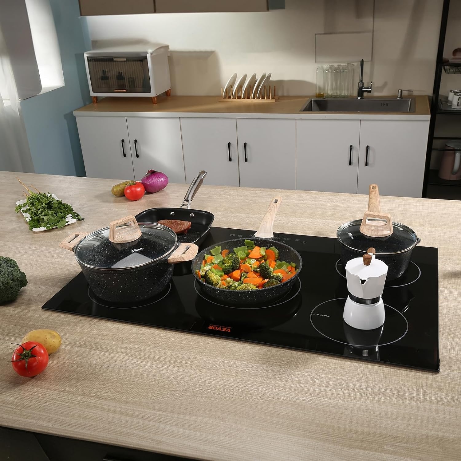 image:imageVEVOR Electric Cooktop 2 Burners 24 Induction Stove Top Builtin Magnetic Cooktop 1800W 9 Heating Level Multifunctional Burner LED Touch Screen wChild Lock amp OverTemperature Protection30in 5 Burners220V