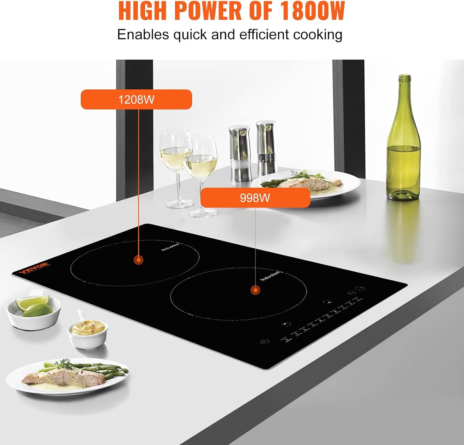 image:imageVEVOR Electric Cooktop 2 Burners 24 Induction Stove Top Builtin Magnetic Cooktop 1800W 9 Heating Level Multifunctional Burner LED Touch Screen wChild Lock amp OverTemperature Protection12inch 2 Burners110V