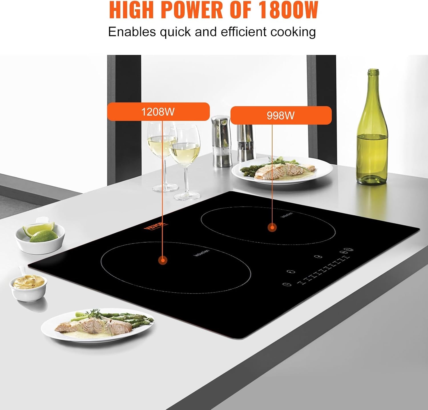 image:imageVEVOR Electric Cooktop 2 Burners 24 Induction Stove Top Builtin Magnetic Cooktop 1800W 9 Heating Level Multifunctional Burner LED Touch Screen wChild Lock amp OverTemperature Protection24in 2 Burners110V