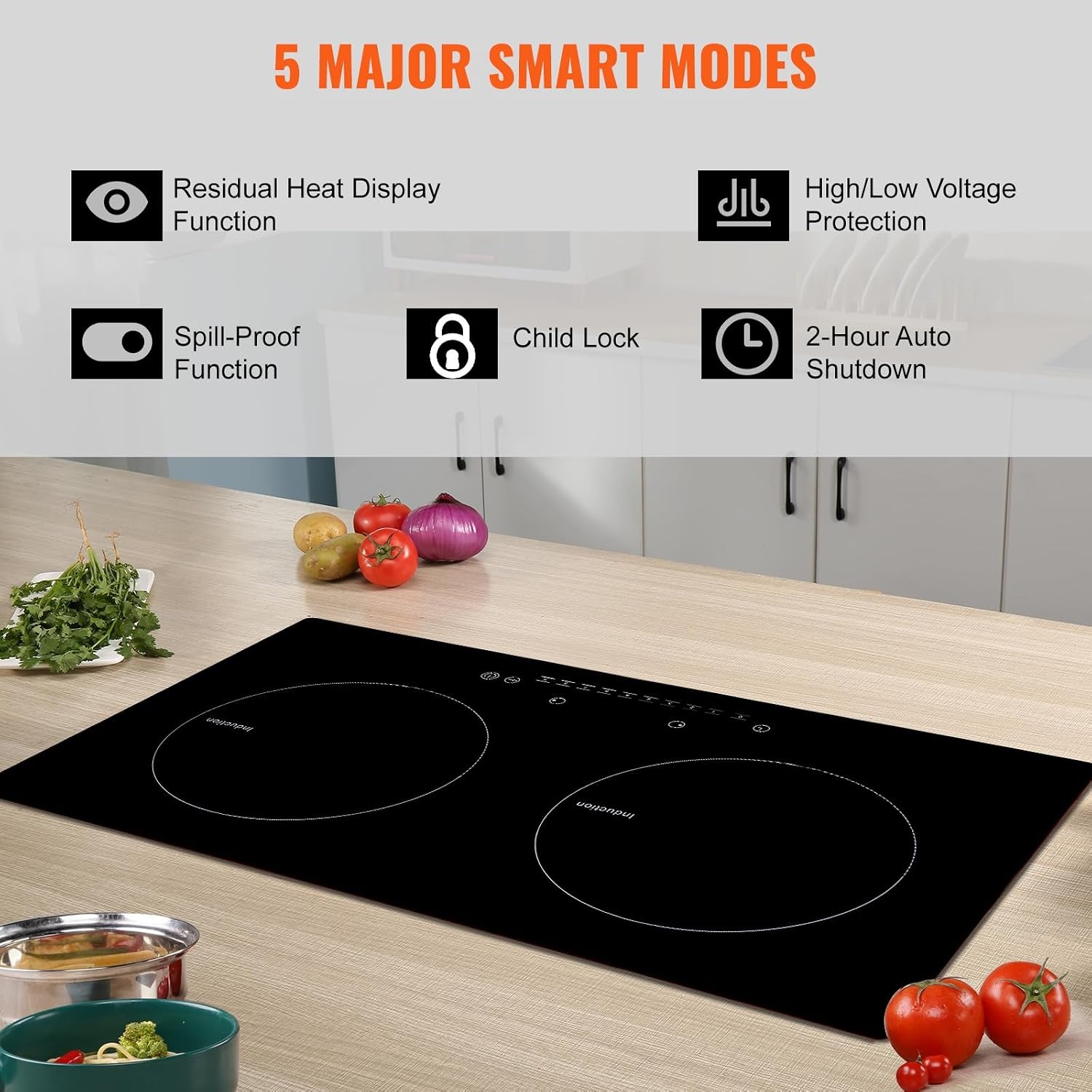 image:imageVEVOR Electric Cooktop 2 Burners 24 Induction Stove Top Builtin Magnetic Cooktop 1800W 9 Heating Level Multifunctional Burner LED Touch Screen wChild Lock amp OverTemperature Protection24in 2 Burners110V