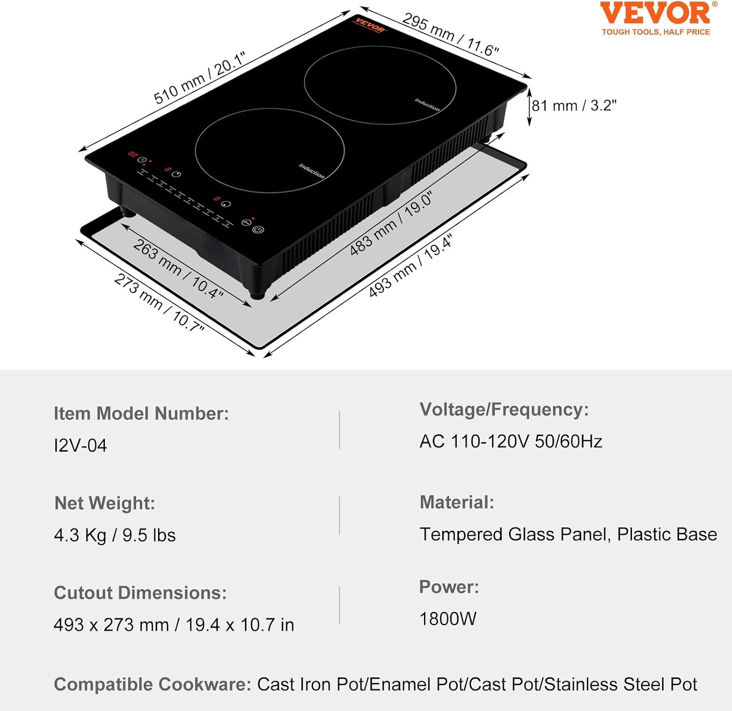 image:imageVEVOR Electric Cooktop 2 Burners 24 Induction Stove Top Builtin Magnetic Cooktop 1800W 9 Heating Level Multifunctional Burner LED Touch Screen wChild Lock amp OverTemperature Protection12inch 2 Burners110V