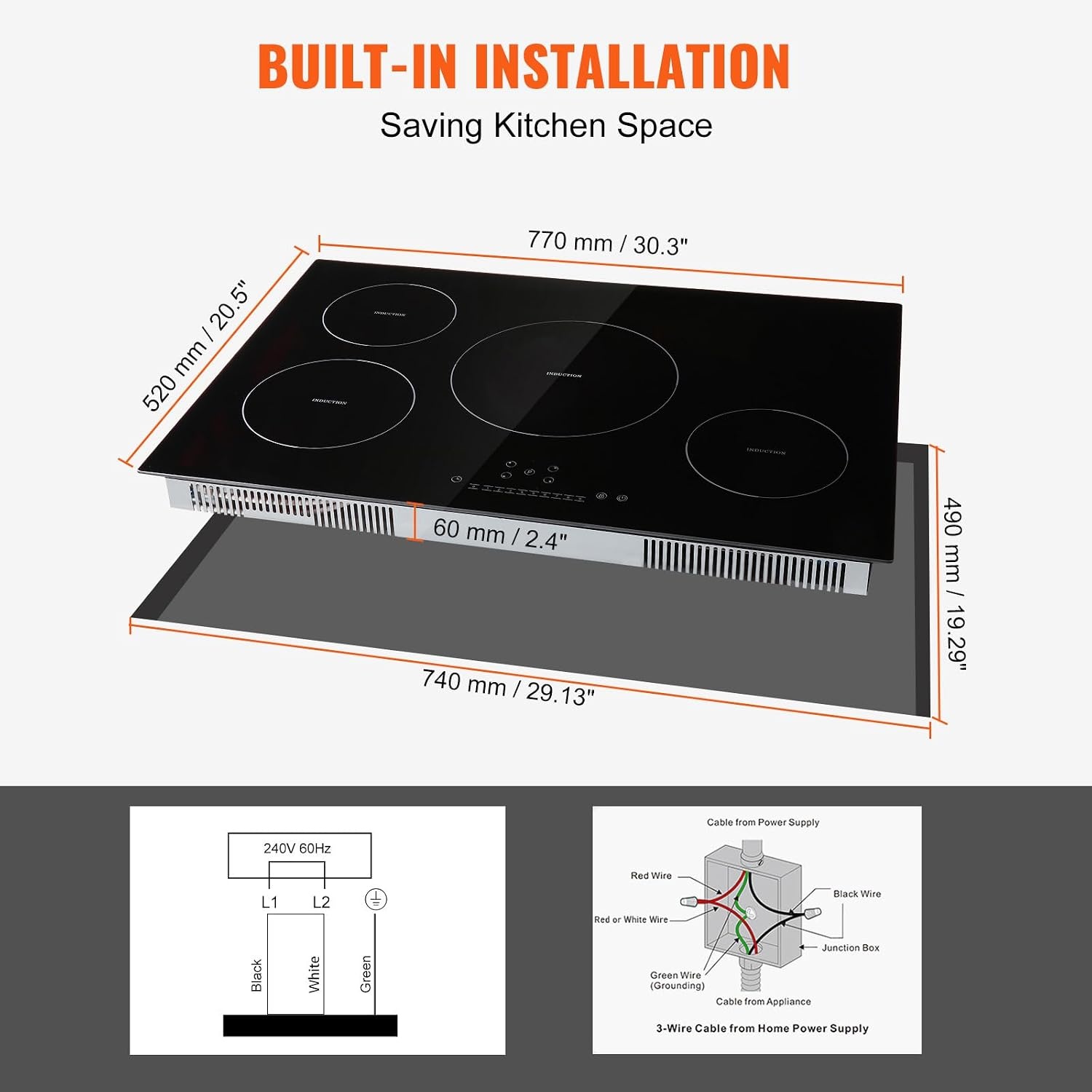 image:imageVEVOR Electric Cooktop 2 Burners 24 Induction Stove Top Builtin Magnetic Cooktop 1800W 9 Heating Level Multifunctional Burner LED Touch Screen wChild Lock amp OverTemperature Protection30in 4 Burners220V