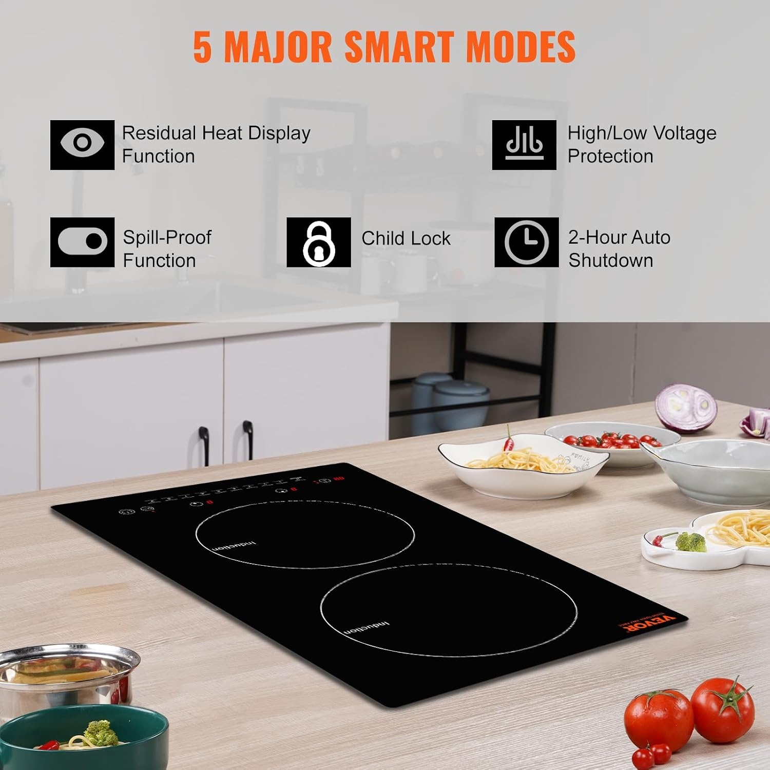 image:imageVEVOR Electric Cooktop 2 Burners 24 Induction Stove Top Builtin Magnetic Cooktop 1800W 9 Heating Level Multifunctional Burner LED Touch Screen wChild Lock amp OverTemperature Protection12inch 2 Burners110V