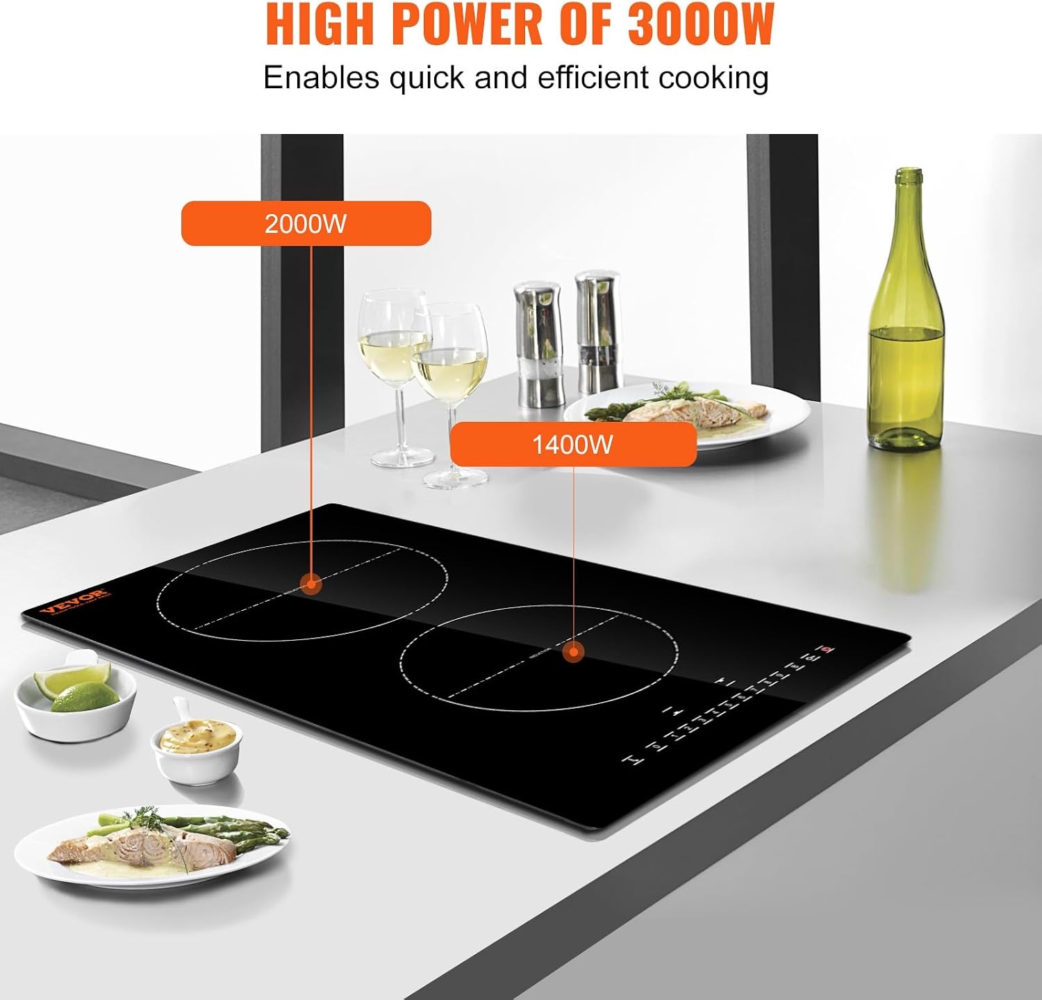 image:imageVEVOR Electric Cooktop 2 Burners 24 Induction Stove Top Builtin Magnetic Cooktop 1800W 9 Heating Level Multifunctional Burner LED Touch Screen wChild Lock amp OverTemperature Protection12in 2 Burners220V