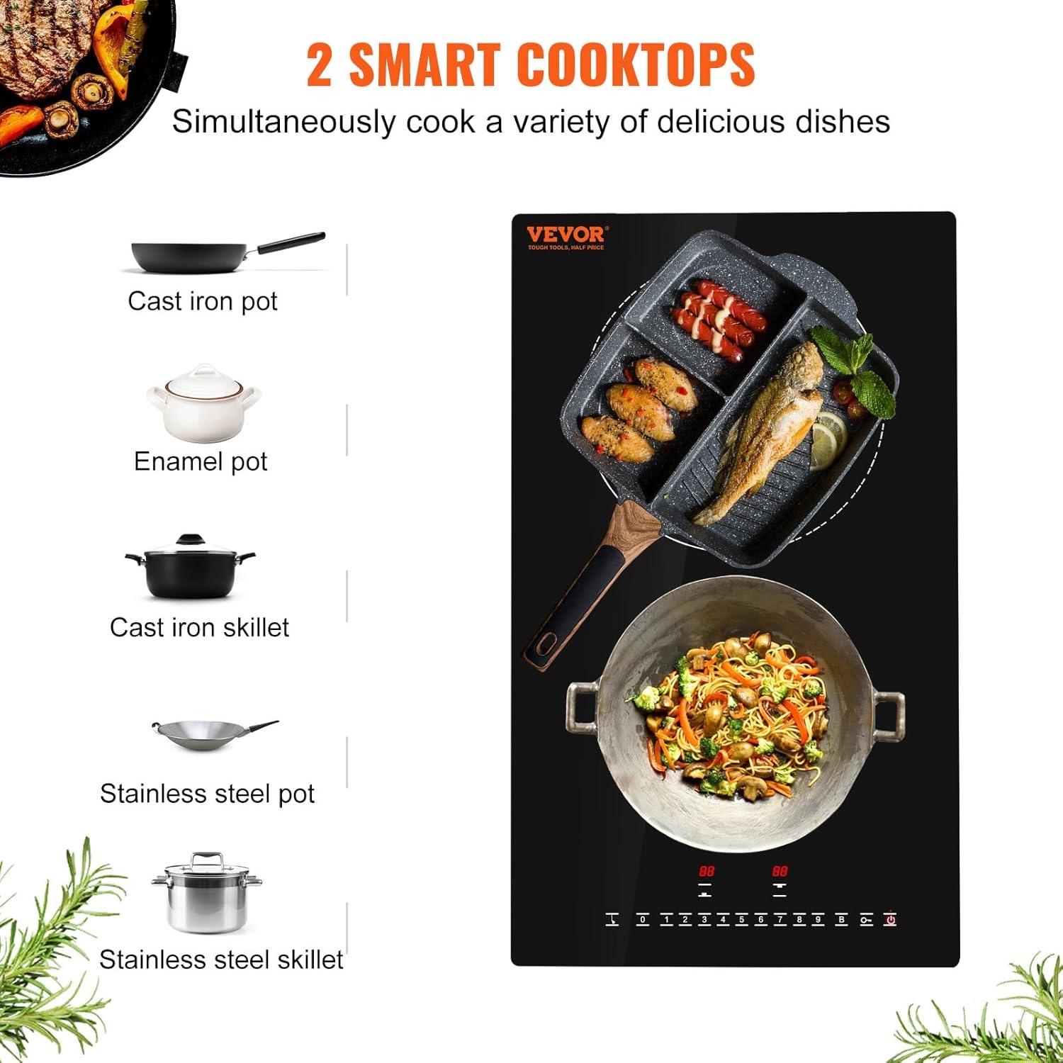image:imageVEVOR Electric Cooktop 2 Burners 24 Induction Stove Top Builtin Magnetic Cooktop 1800W 9 Heating Level Multifunctional Burner LED Touch Screen wChild Lock amp OverTemperature Protection12in 2 Burners220V