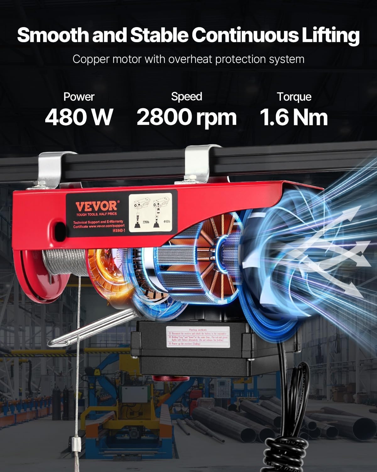 image:imageVEVOR Electric Hoist with Wireless Remote Control 110v 440lbs Electric Hoist with Remote Control 40ft20ft Lifting Height Motor for Garage Warehouse Factory440lbs