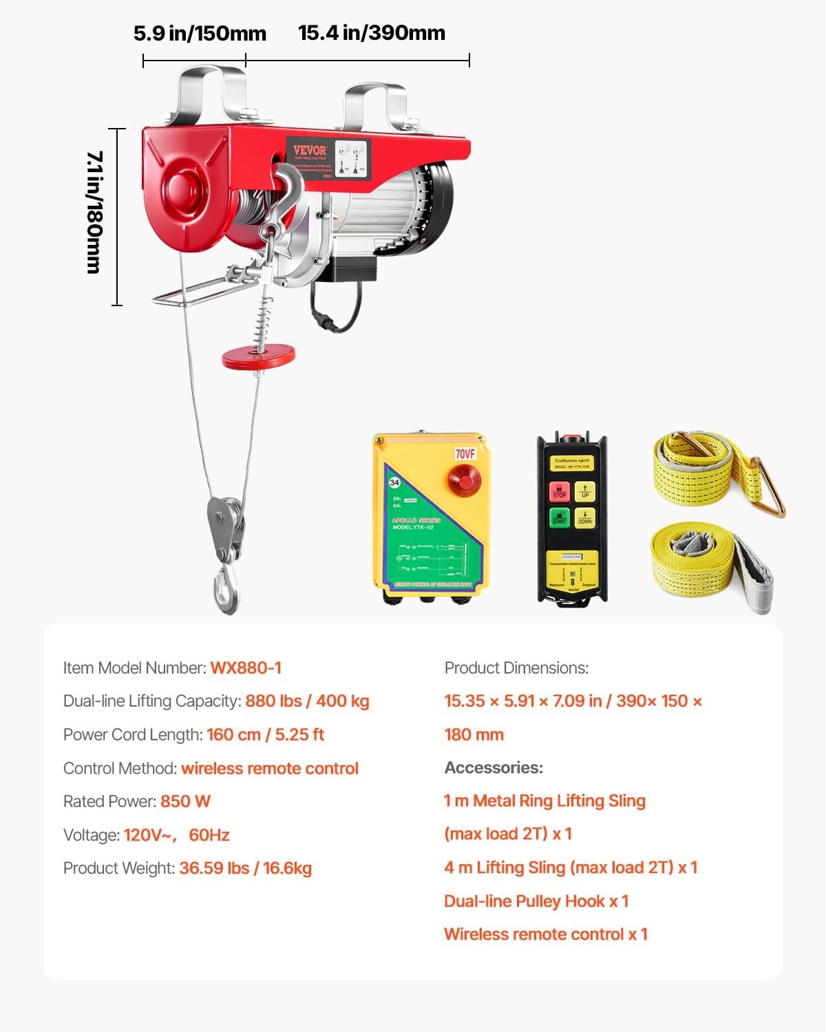 image:imageVEVOR Electric Hoist with Wireless Remote Control 110v 440lbs Electric Hoist with Remote Control 40ft20ft Lifting Height Motor for Garage Warehouse Factory880LBS