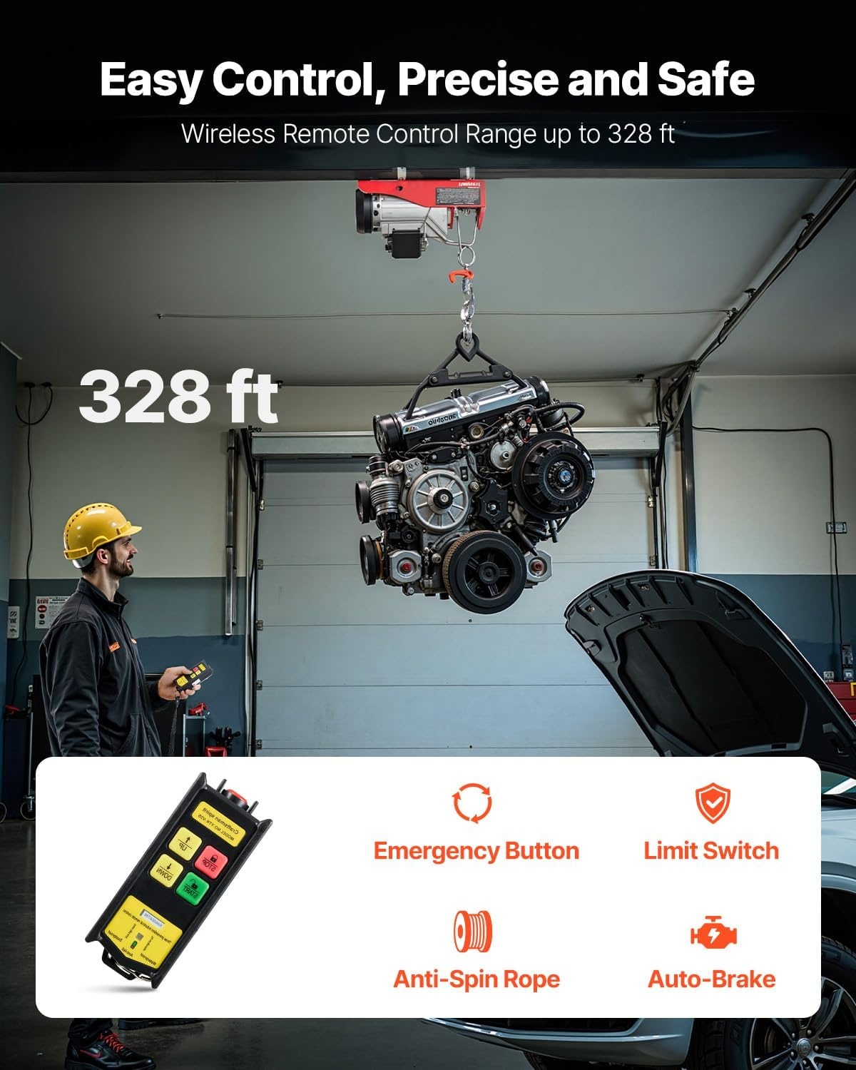 image:imageVEVOR Electric Hoist with Wireless Remote Control 110v 440lbs Electric Hoist with Remote Control 40ft20ft Lifting Height Motor for Garage Warehouse Factory880LBS