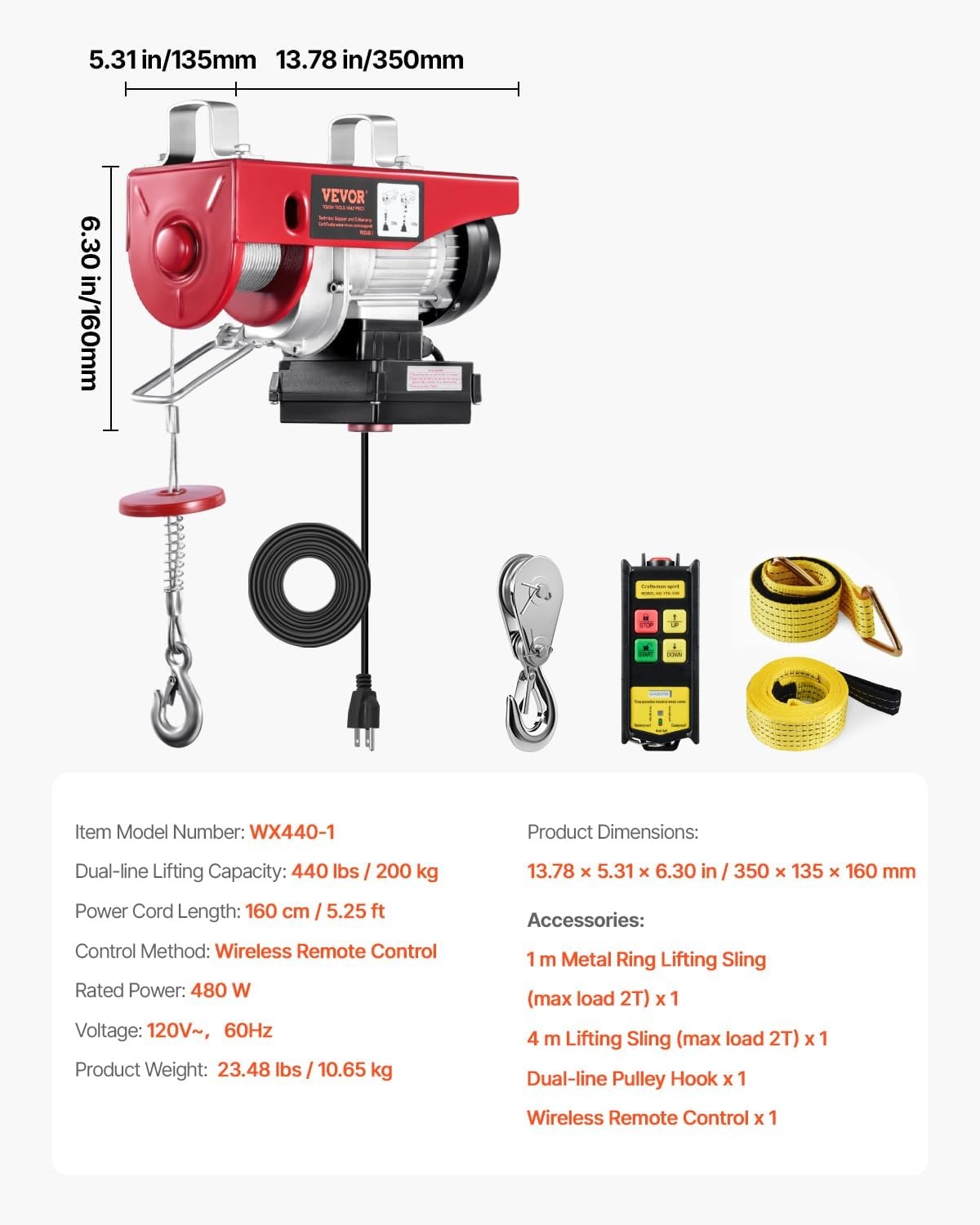 image:imageVEVOR Electric Hoist with Wireless Remote Control 110v 440lbs Electric Hoist with Remote Control 40ft20ft Lifting Height Motor for Garage Warehouse Factory440lbs