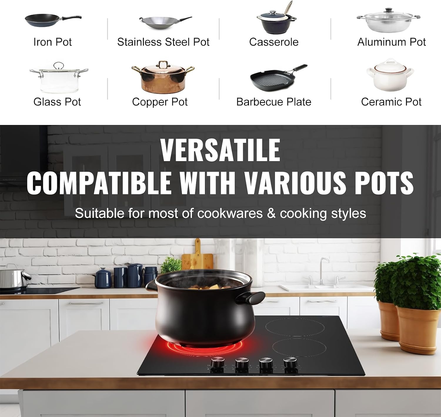 image:imageVEVOR Electric Radiant Cooktop Builtin Electric Stove Top with Glass Panel Knob Control 11 Heat Levels for Diverse Cooking Requirements 24inch4burners220V24IN