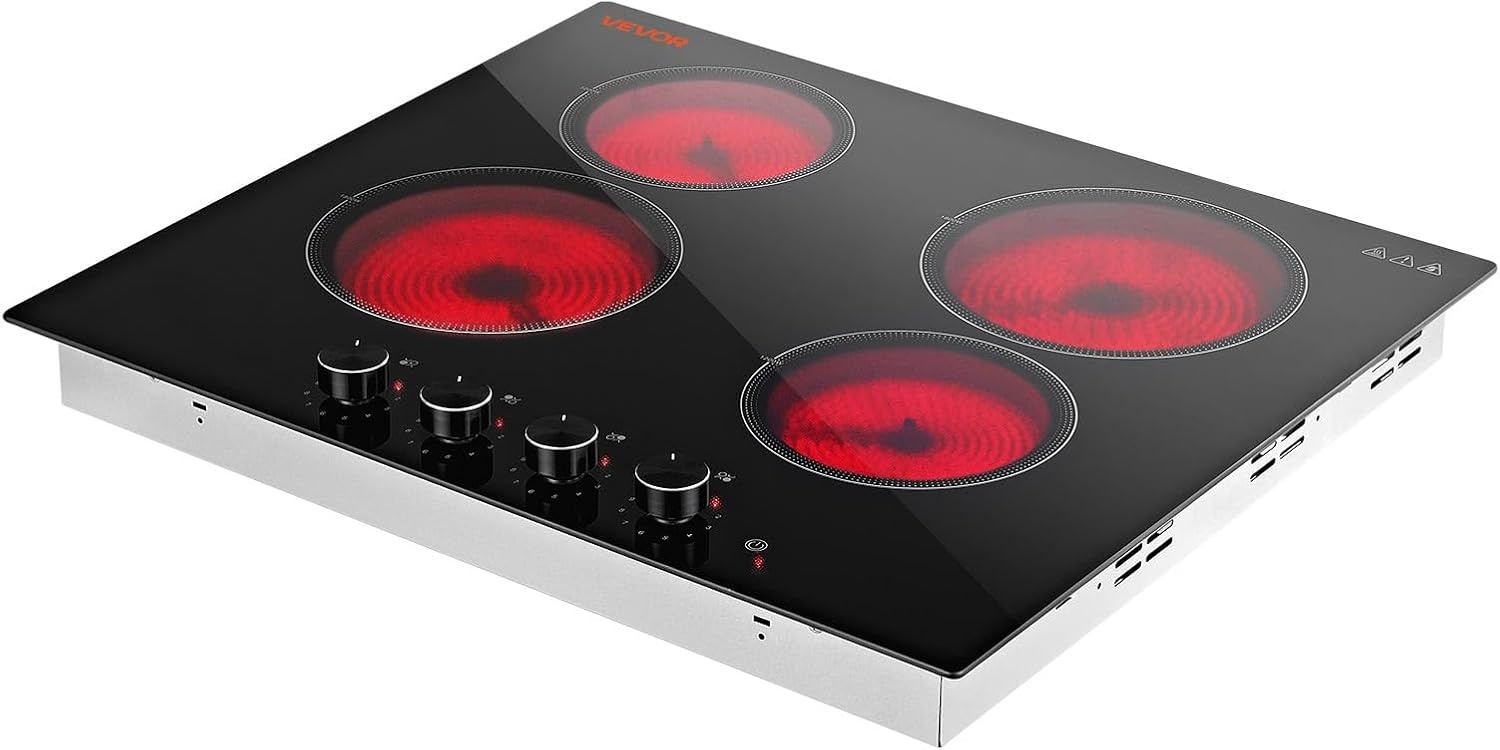 image:imageVEVOR Electric Radiant Cooktop Builtin Electric Stove Top with Glass Panel Knob Control 11 Heat Levels for Diverse Cooking Requirements 24inch4burners220V24 IN4 BurnerKnob Control