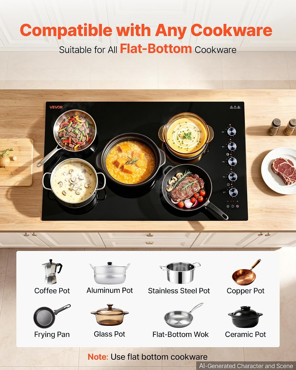 image:imageVEVOR Electric Radiant Cooktop Builtin Electric Stove Top with Glass Panel Knob Control 11 Heat Levels for Diverse Cooking Requirements 24inch4burners220V36 IN5 BurnerKnob Control